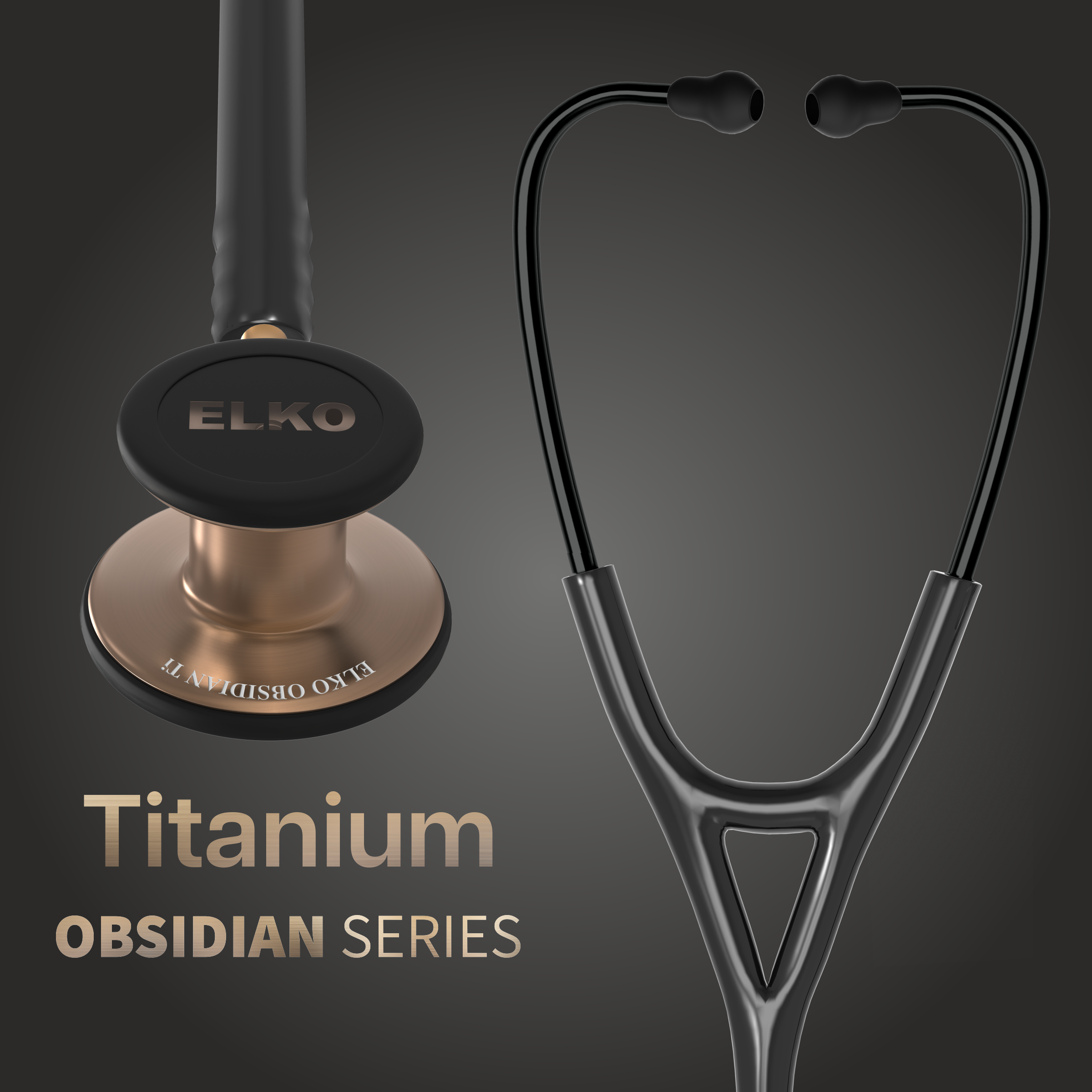 ELKO OBSIDIAN SERIES TITANIUM STETHOSCOPE – Rose Gold Edition / Black Tubing