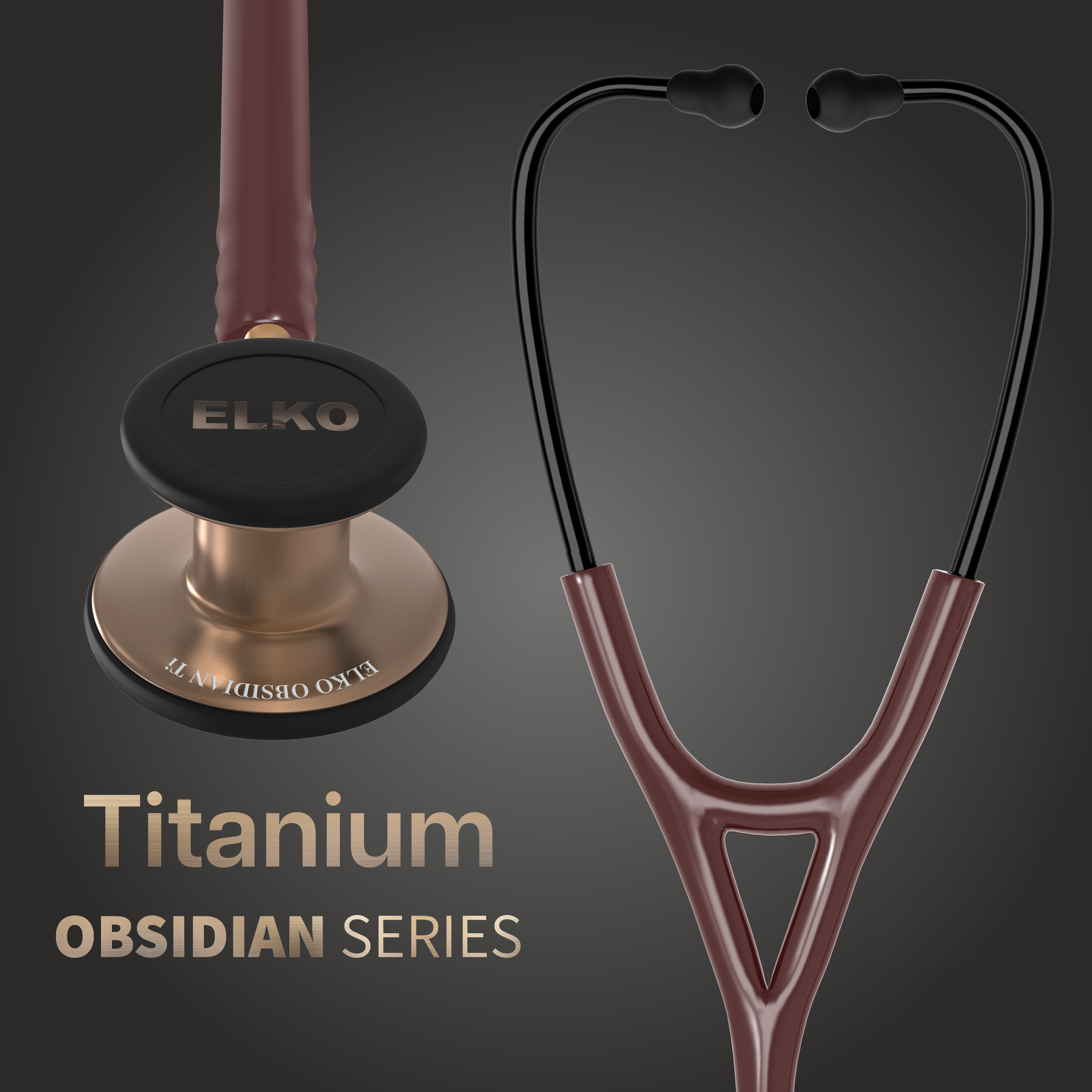 ELKO OBSIDIAN SERIES TITANIUM STETHOSCOPE – Rose Gold Edition / Brown Tubing
