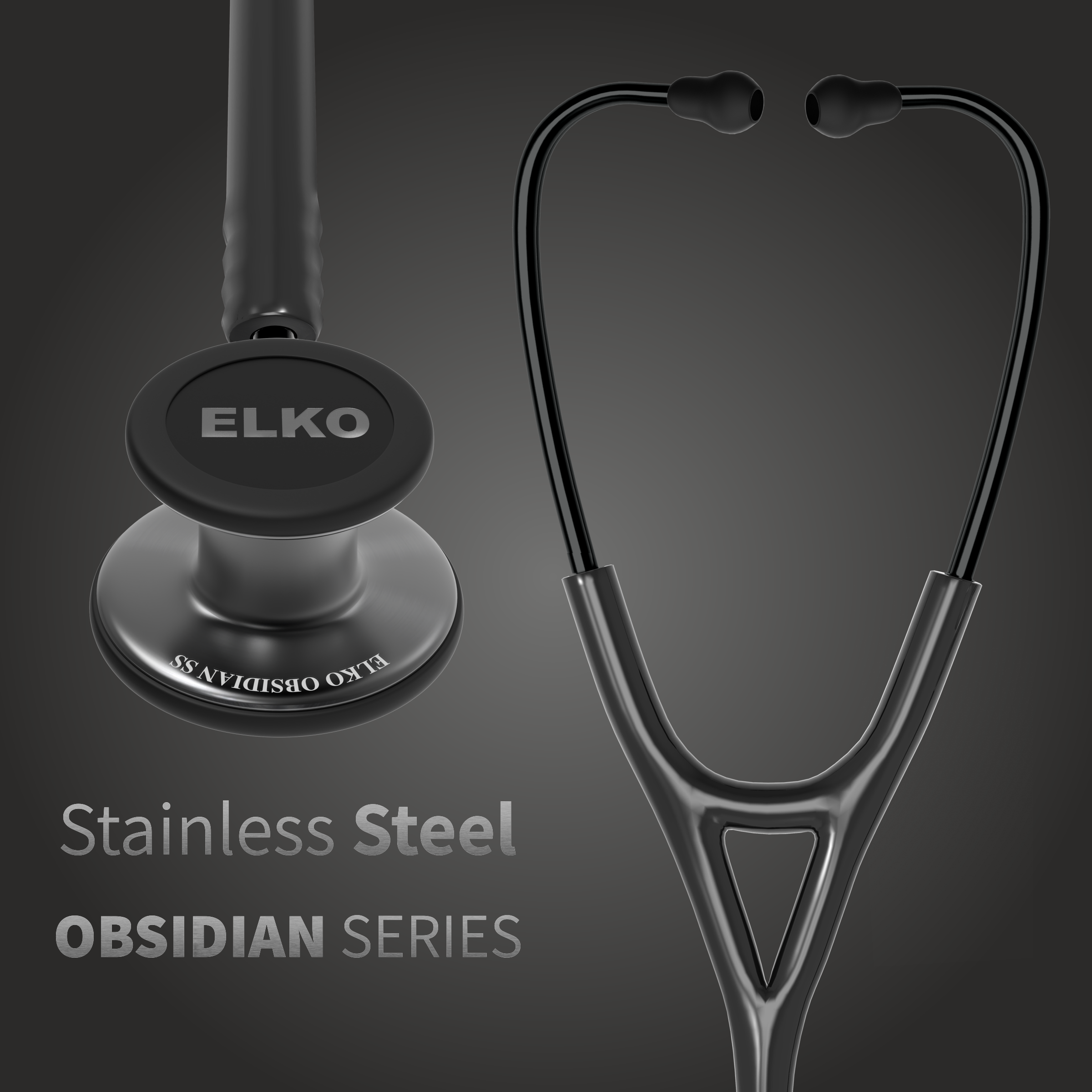 ELKO OBSIDIAN Series Stainless Steel Stethoscope - Smoke Grey / Black Tube