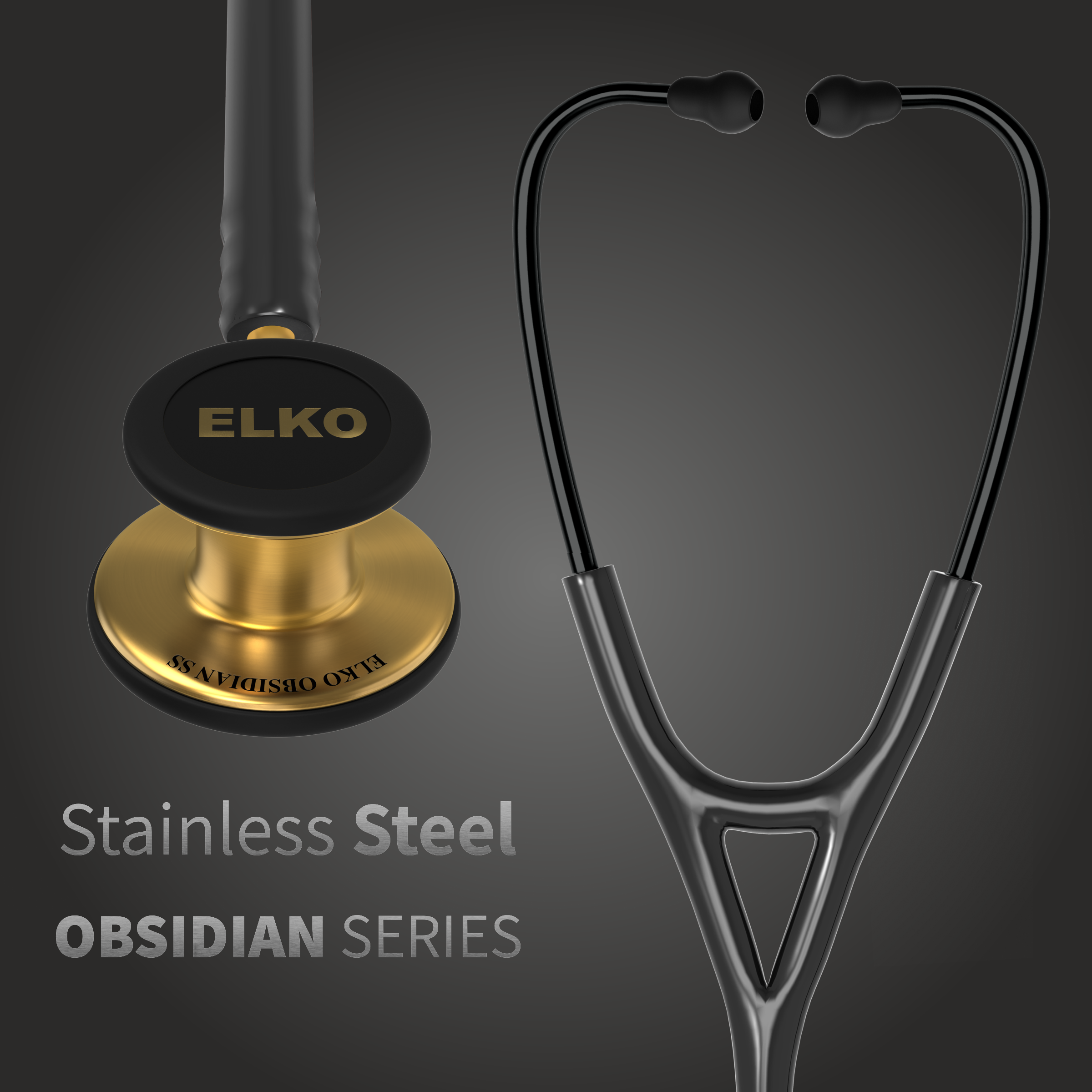 ELKO OBSIDIAN Series Stainless Steel Stethoscope - French Gold / Black Tube