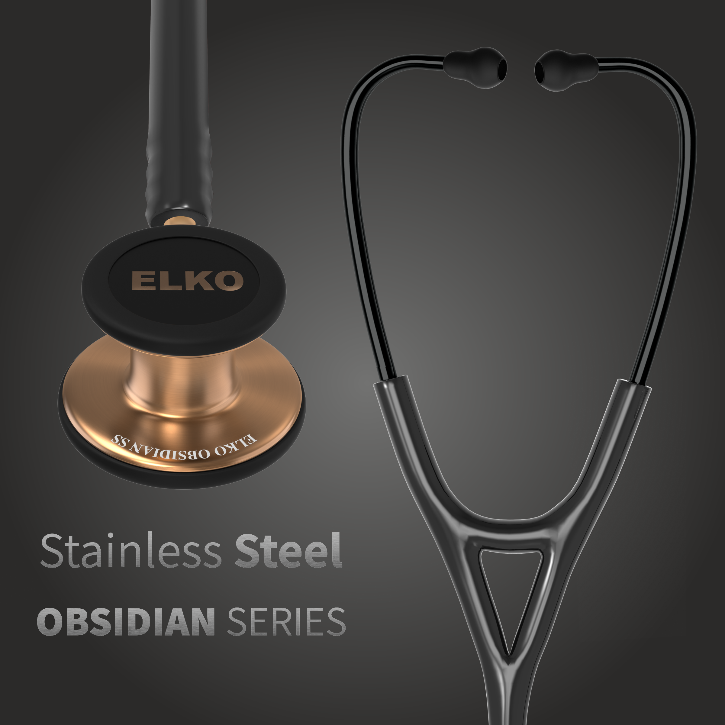 ELKO OBSIDIAN Series Stainless Steel Stethoscope - Rose Gold / Black Tube