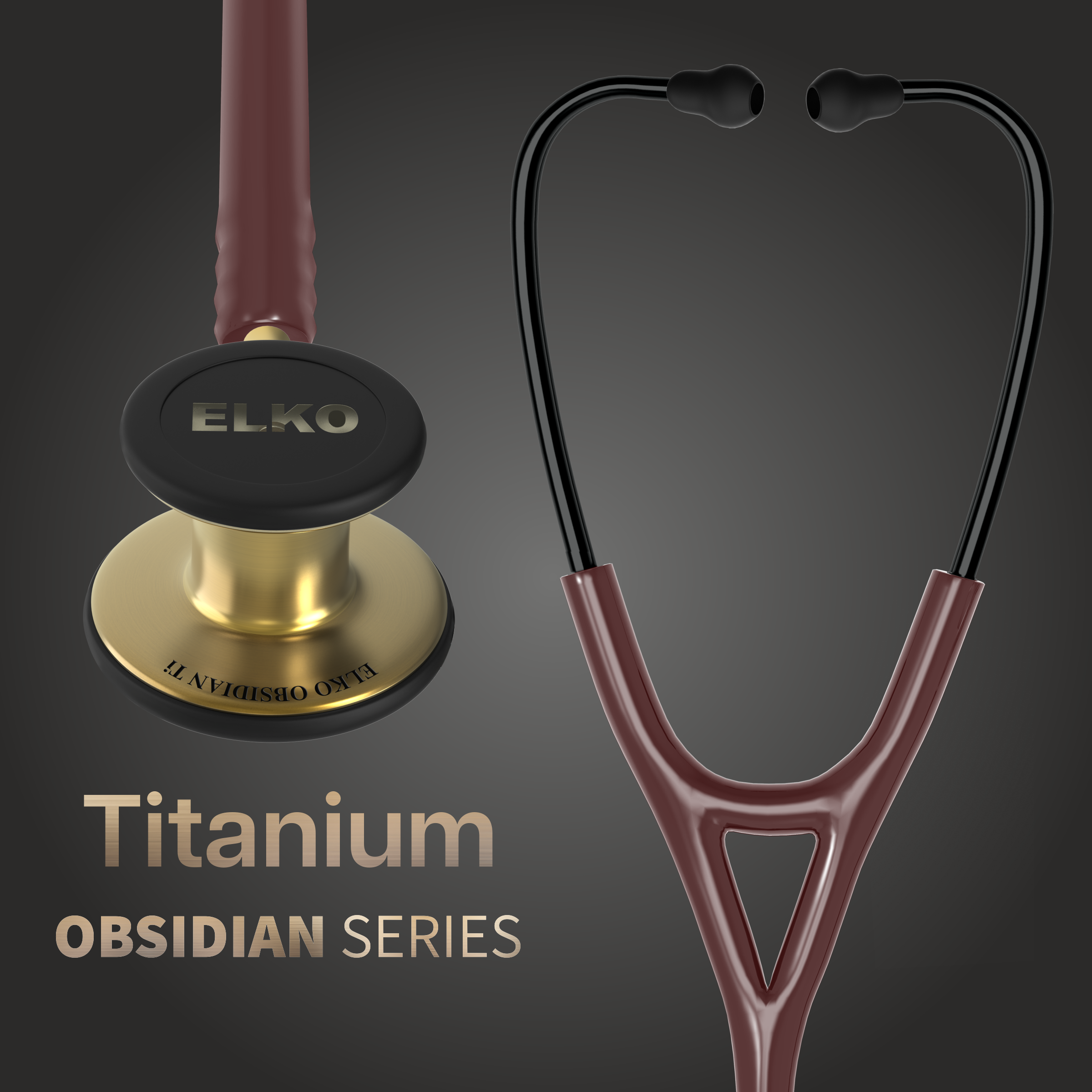 ELKO OBSIDIAN SERIES TITANIUM STETHOSCOPE – French Gold Edition / Brown Tubing