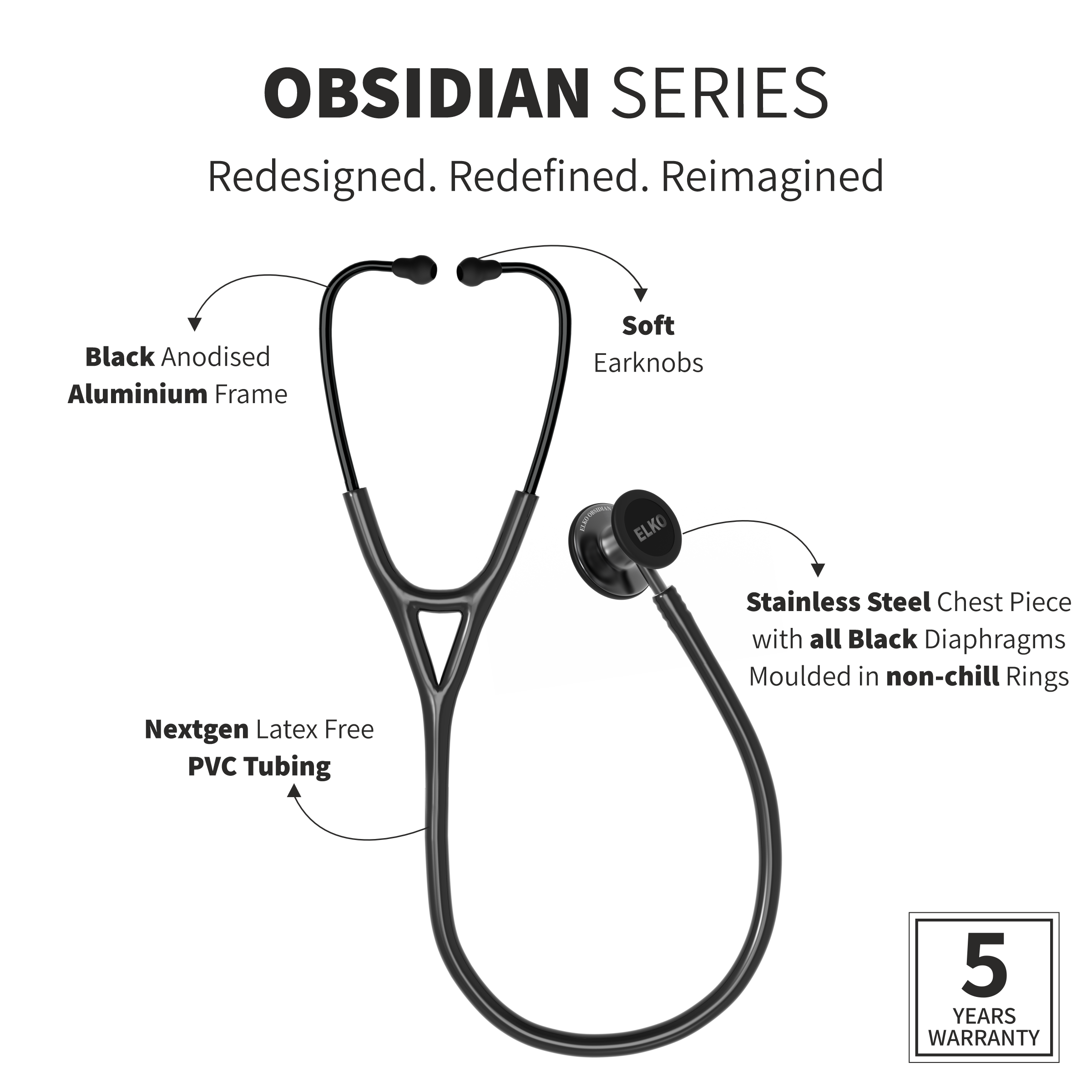 ELKO OBSIDIAN Series Stainless Steel Stethoscope - Smoke Grey / Black Tube
