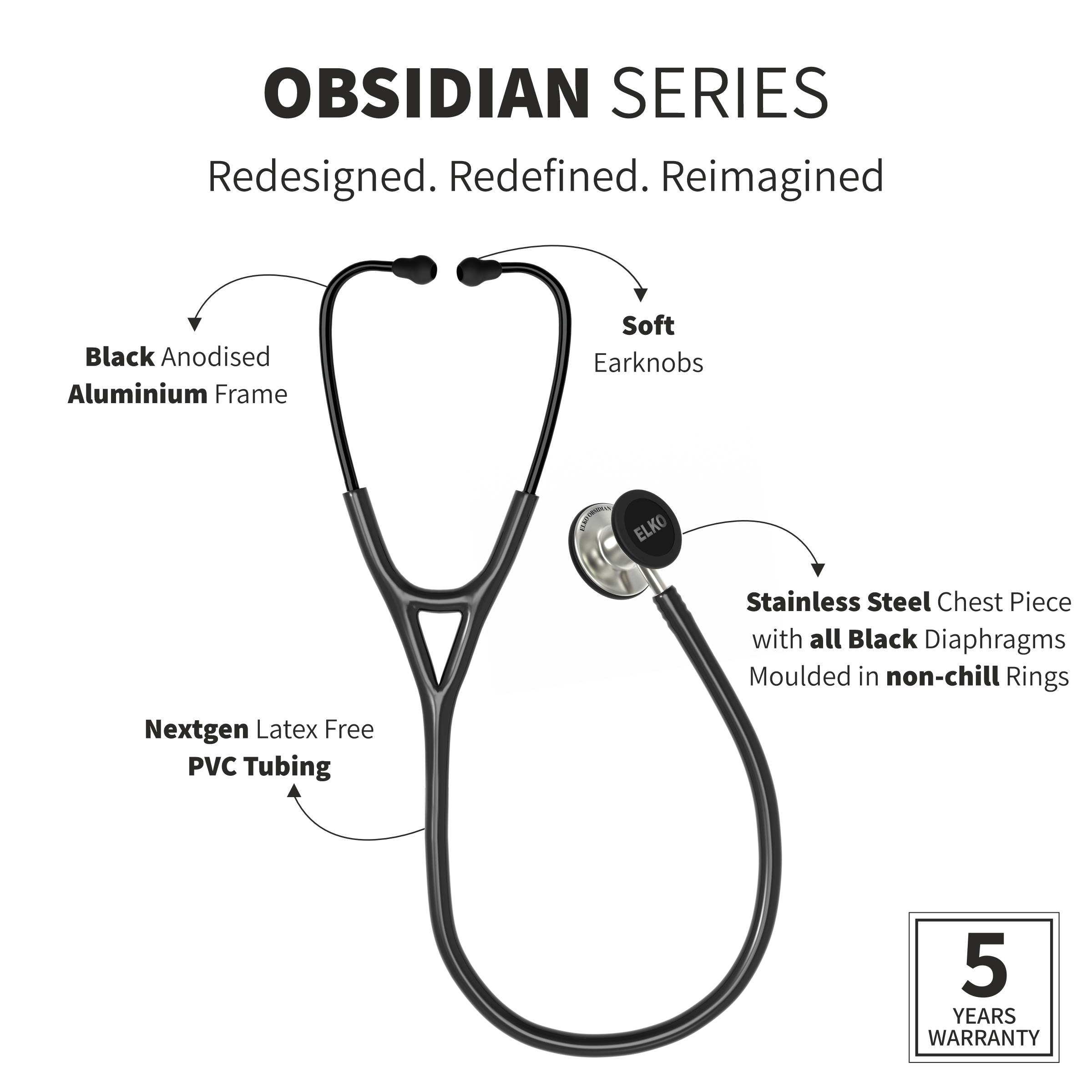 ELKO OBSIDIAN Series Stainless Steel Stethoscope - Natural / Black Tube