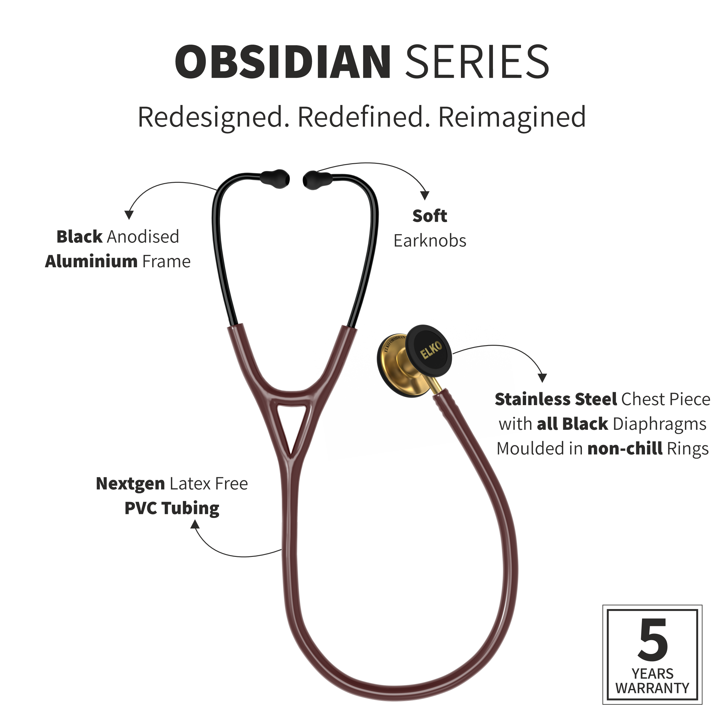 ELKO OBSIDIAN Series Stainless Steel Stethoscope - French Gold / Brown Tube