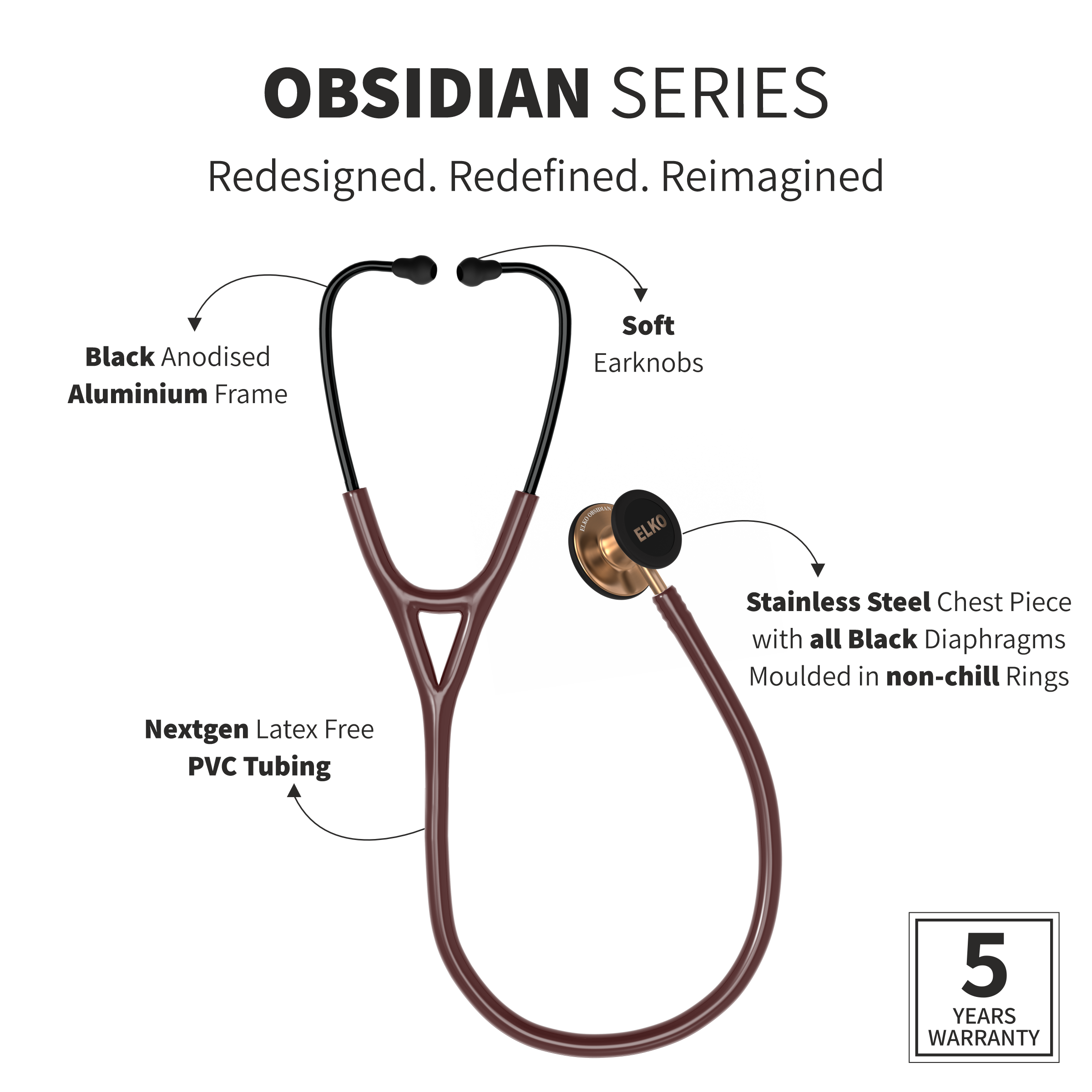 ELKO OBSIDIAN Series Stainless Steel Stethoscope - Rose Gold / Brown Tube