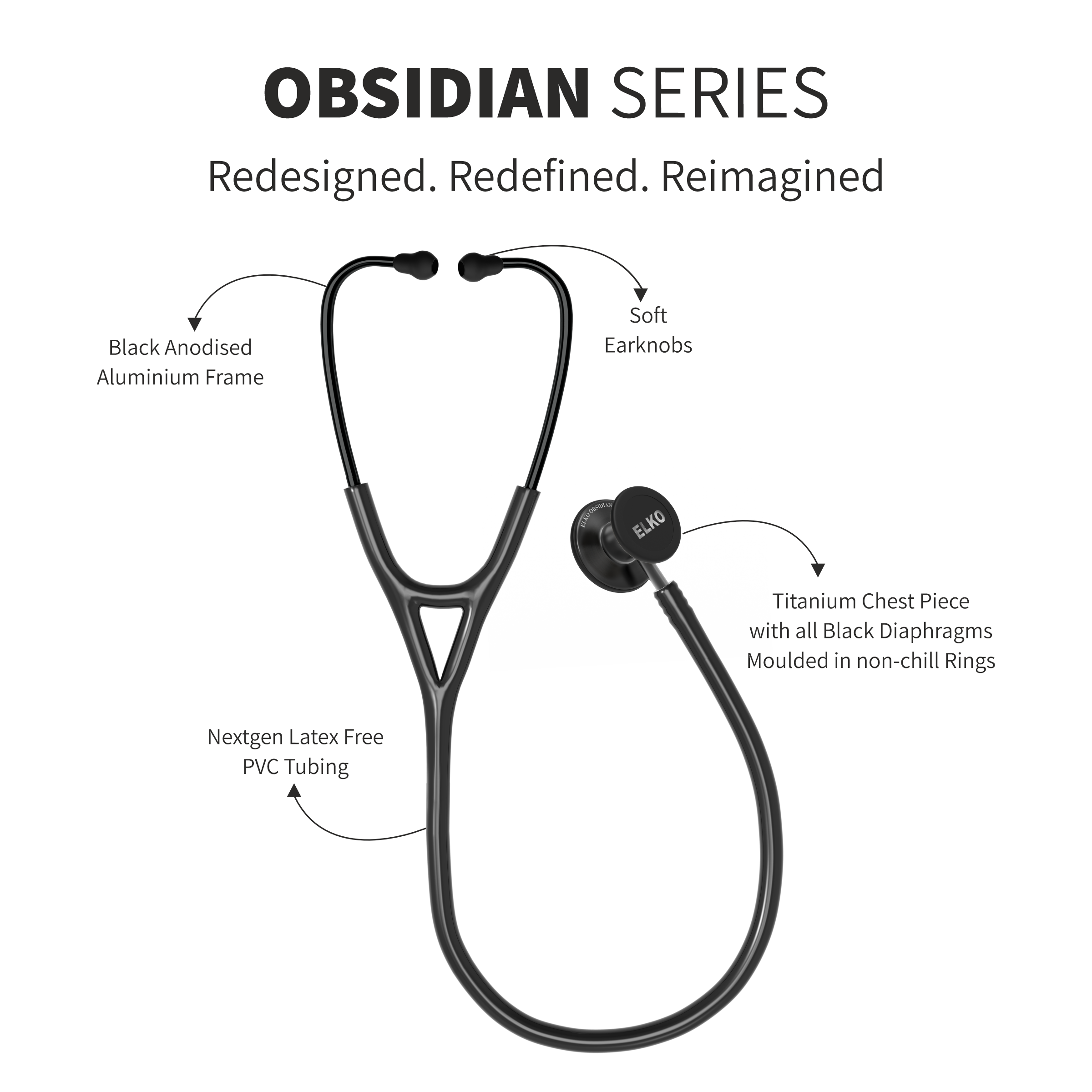 ELKO OBSIDIAN SERIES TITANIUM STETHOSCOPE – Black Edition / Black Tubing