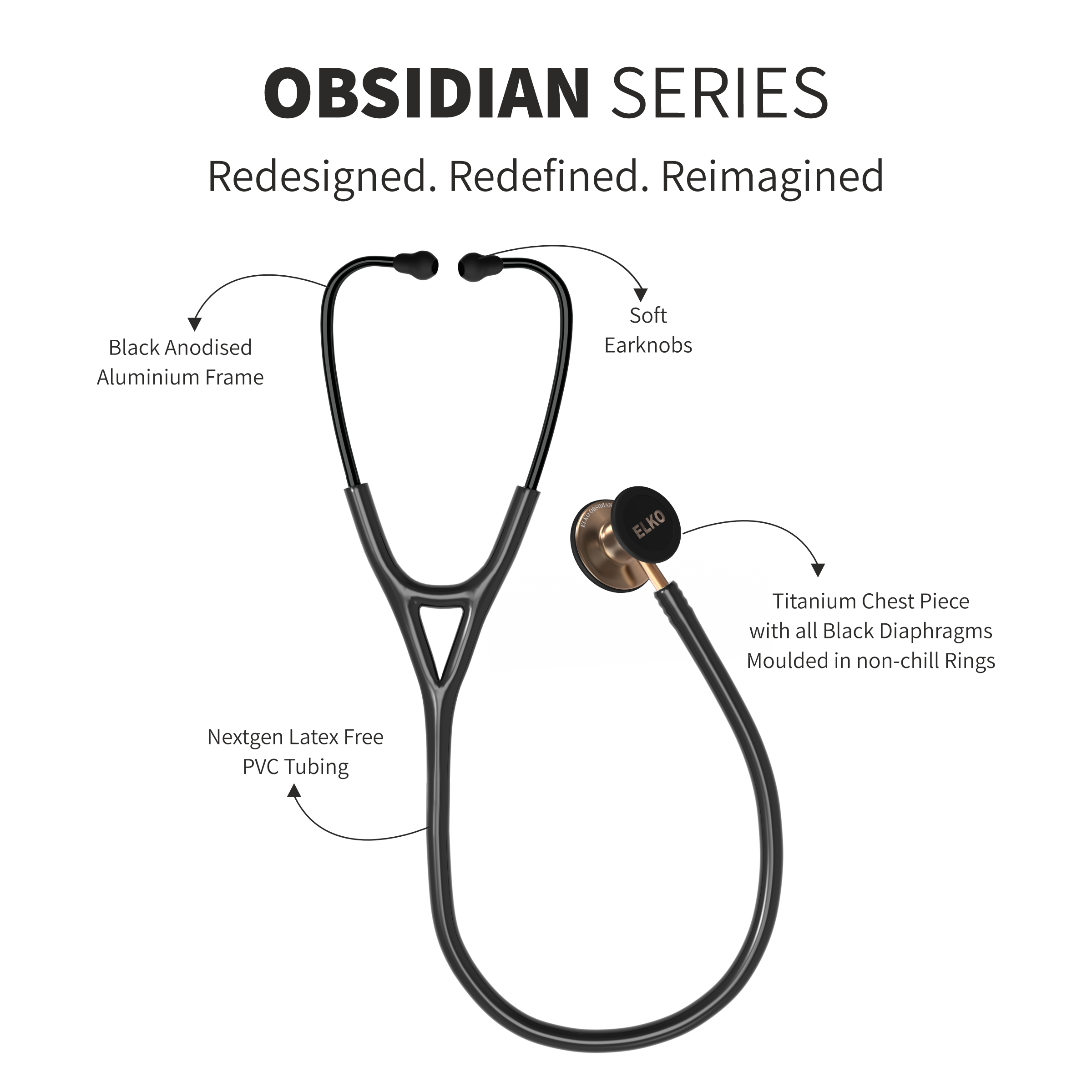 ELKO OBSIDIAN SERIES TITANIUM STETHOSCOPE – French Gold Edition / Black Tubing
