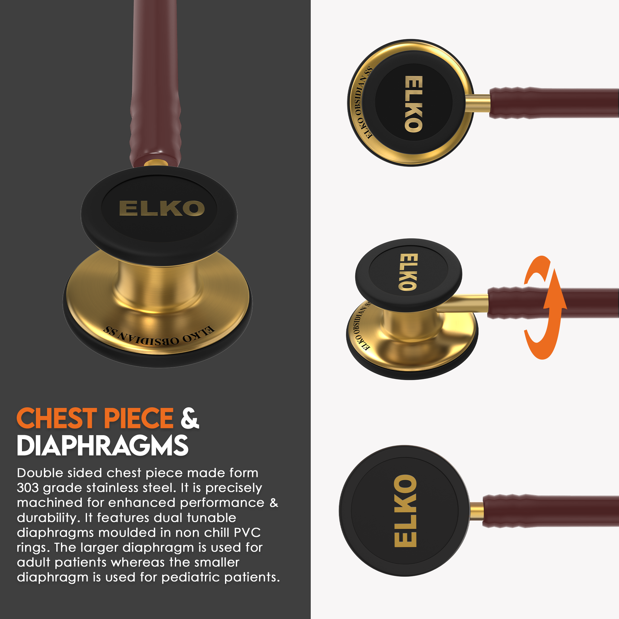 ELKO OBSIDIAN Series Stainless Steel Stethoscope - French Gold / Brown Tube