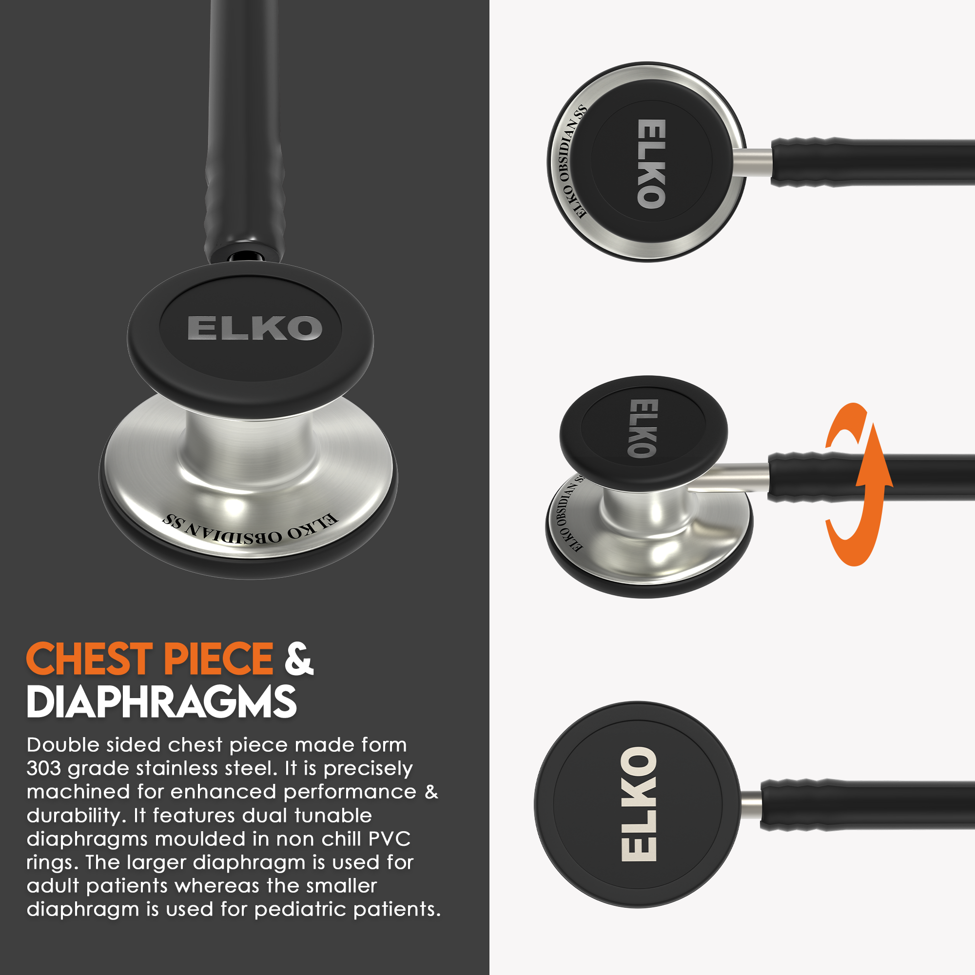 ELKO OBSIDIAN Series Stainless Steel Stethoscope - Natural / Black Tube
