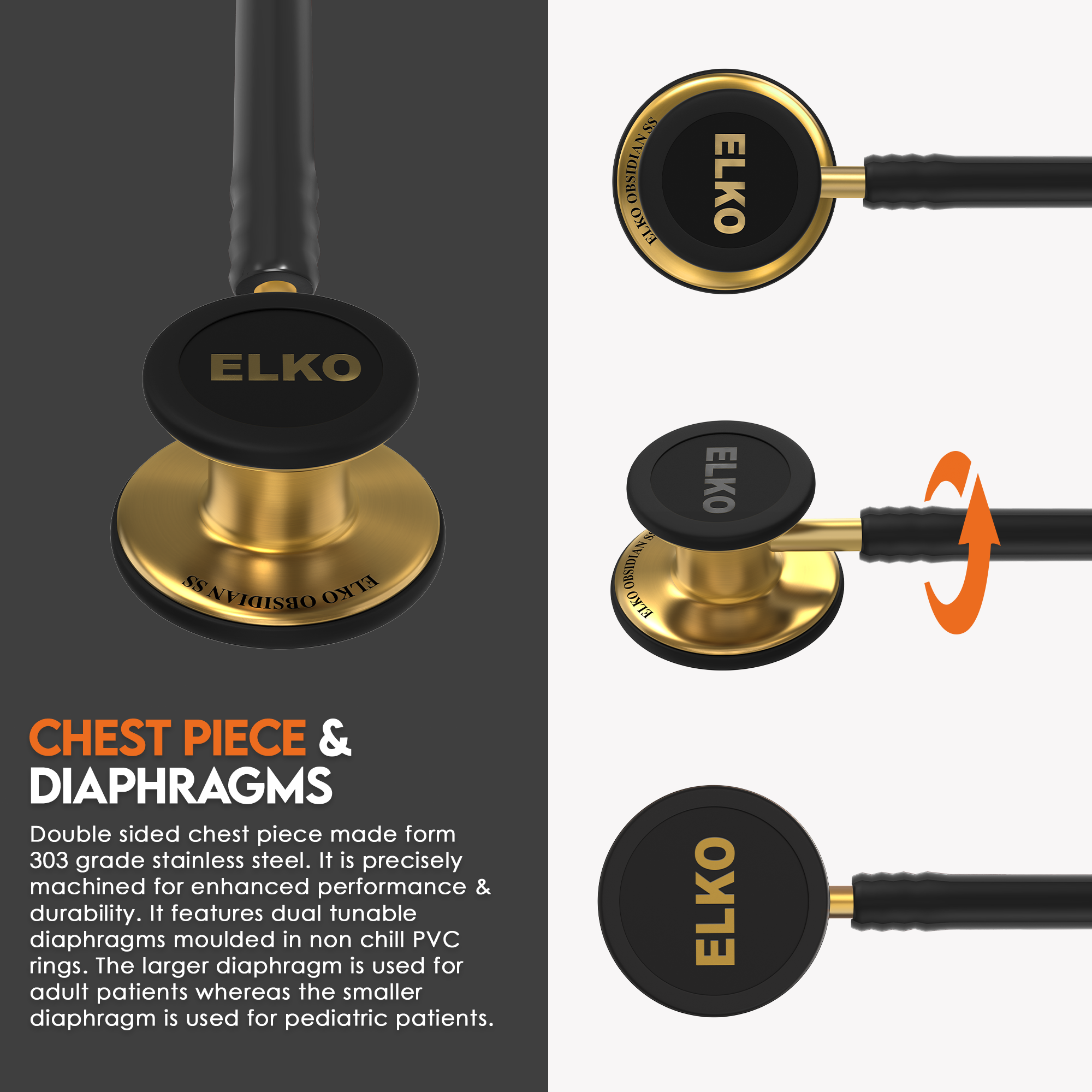 ELKO OBSIDIAN Series Stainless Steel Stethoscope - French Gold / Black Tube