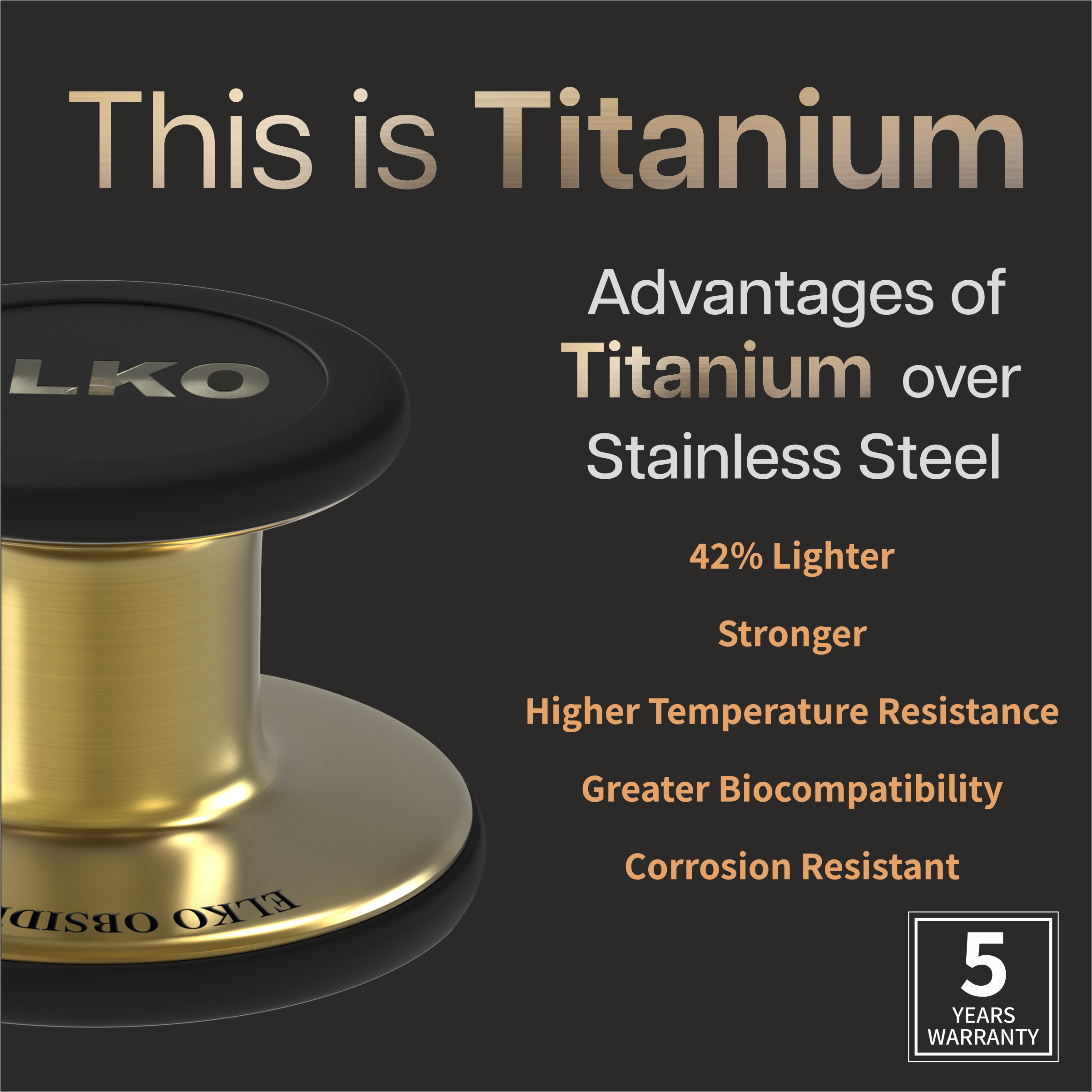 ELKO OBSIDIAN SERIES TITANIUM STETHOSCOPE – French Gold Edition / Brown Tubing