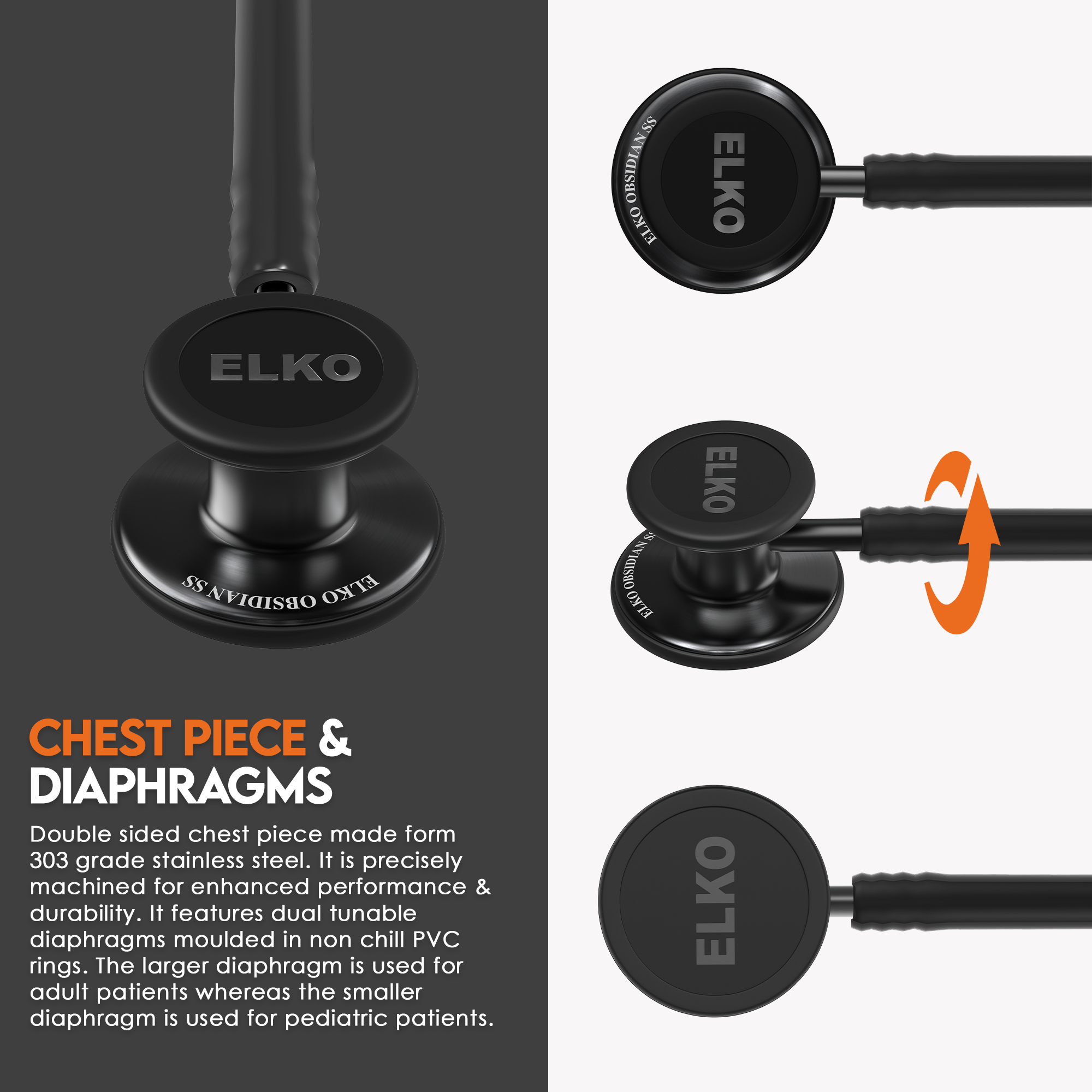 ELKO OBSIDIAN Series Stainless Steel Stethoscope - Black Edition / Black Tube