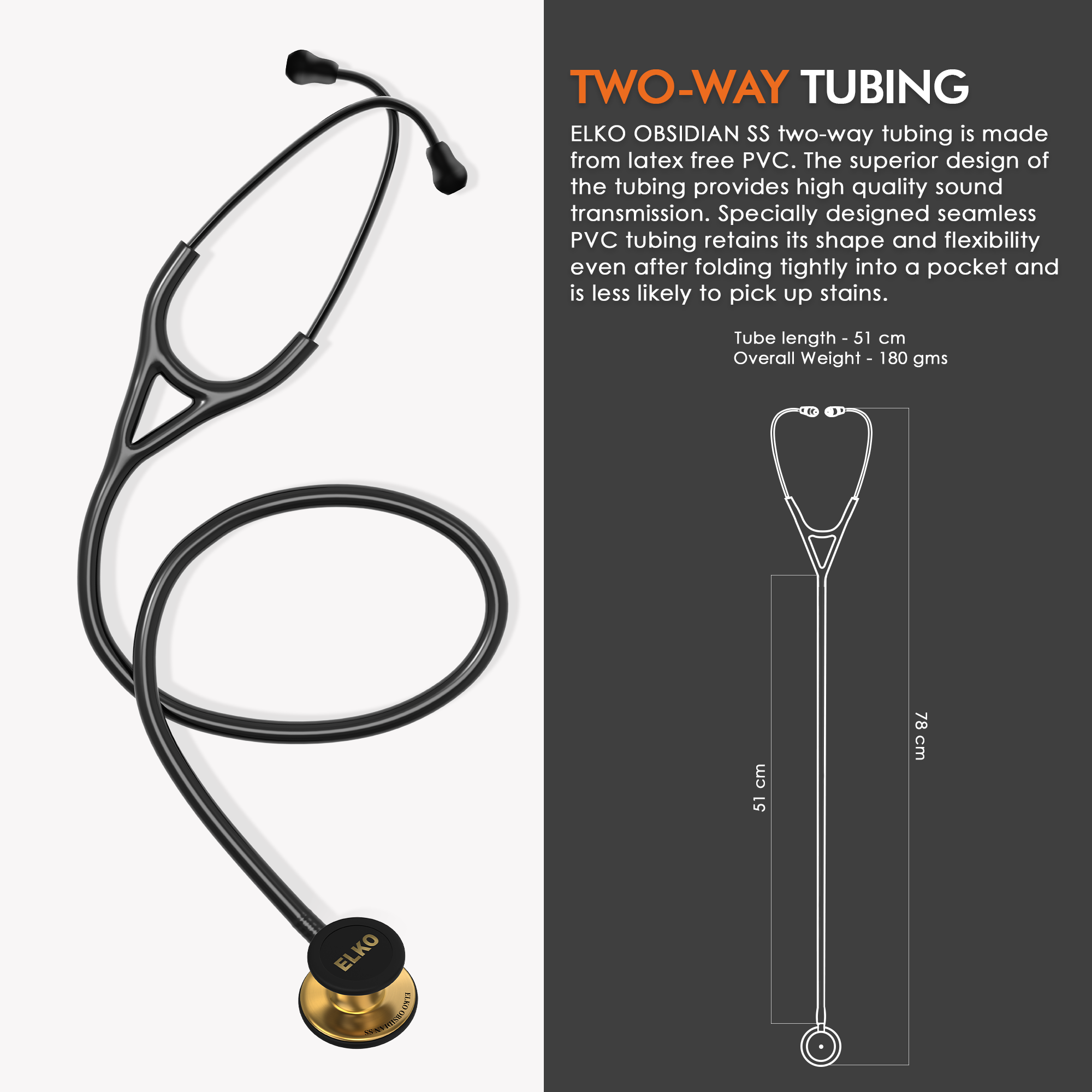 ELKO OBSIDIAN Series Stainless Steel Stethoscope - French Gold / Black Tube
