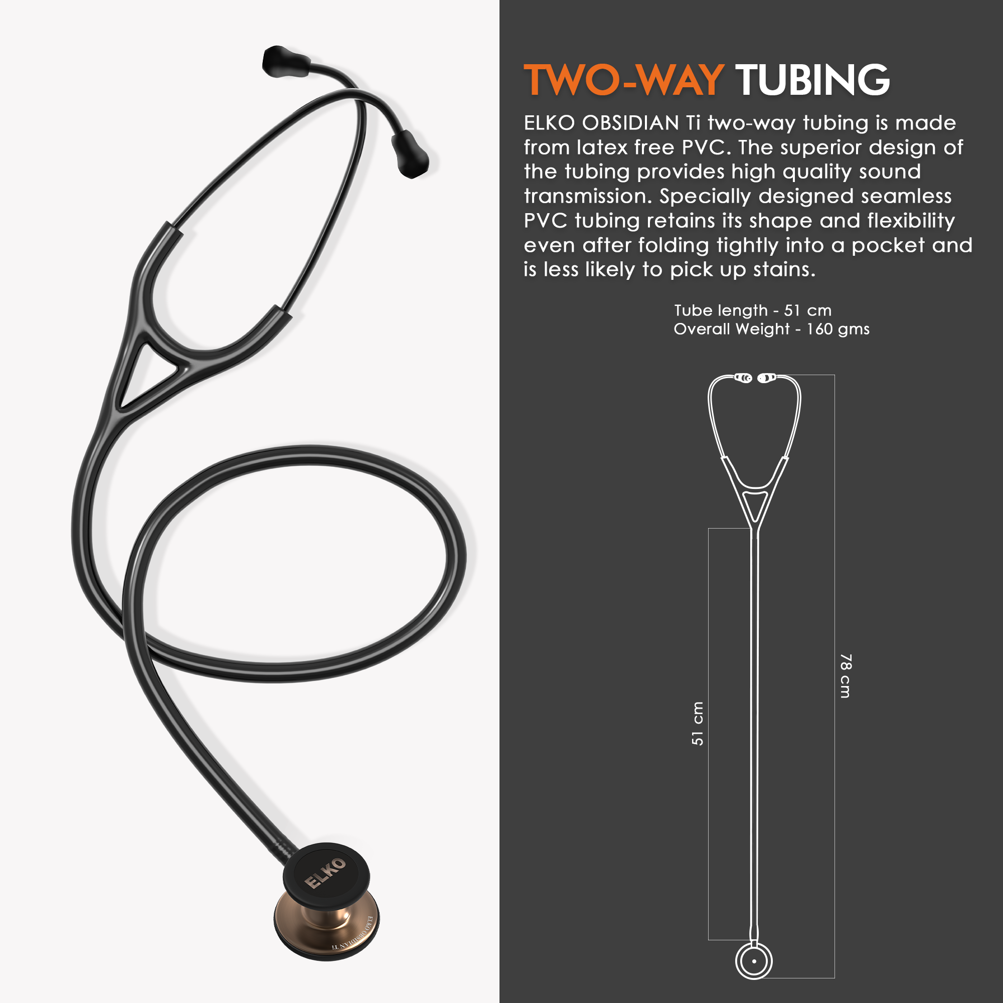 ELKO OBSIDIAN SERIES TITANIUM STETHOSCOPE – Rose Gold Edition / Black Tubing
