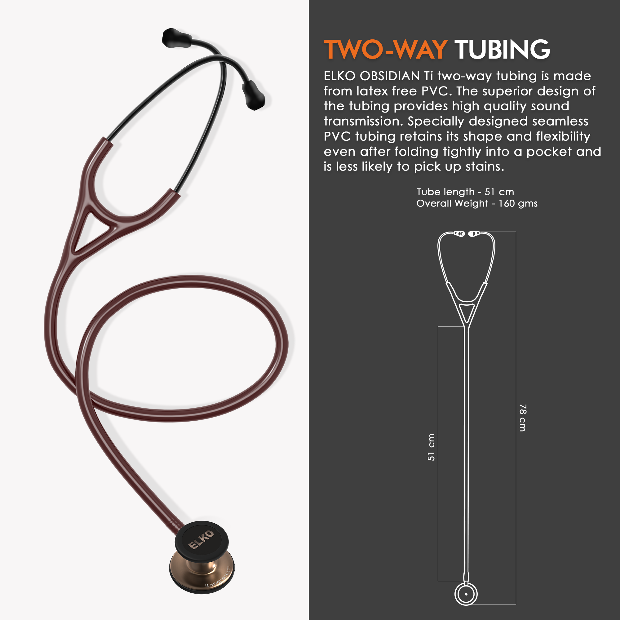 ELKO OBSIDIAN SERIES TITANIUM STETHOSCOPE – Rose Gold Edition / Brown Tubing