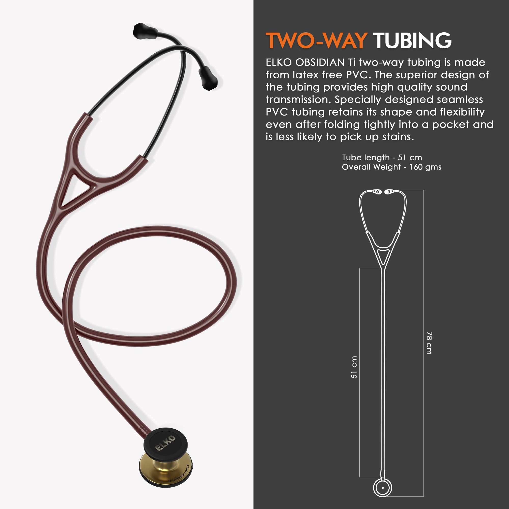 ELKO OBSIDIAN SERIES TITANIUM STETHOSCOPE – French Gold Edition / Brown Tubing