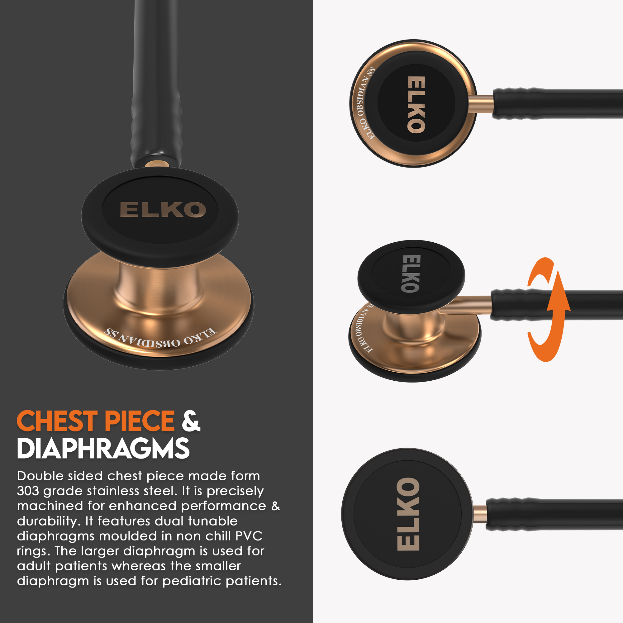 ELKO OBSIDIAN Series Stainless Steel Stethoscope - Rose Gold / Black Tube