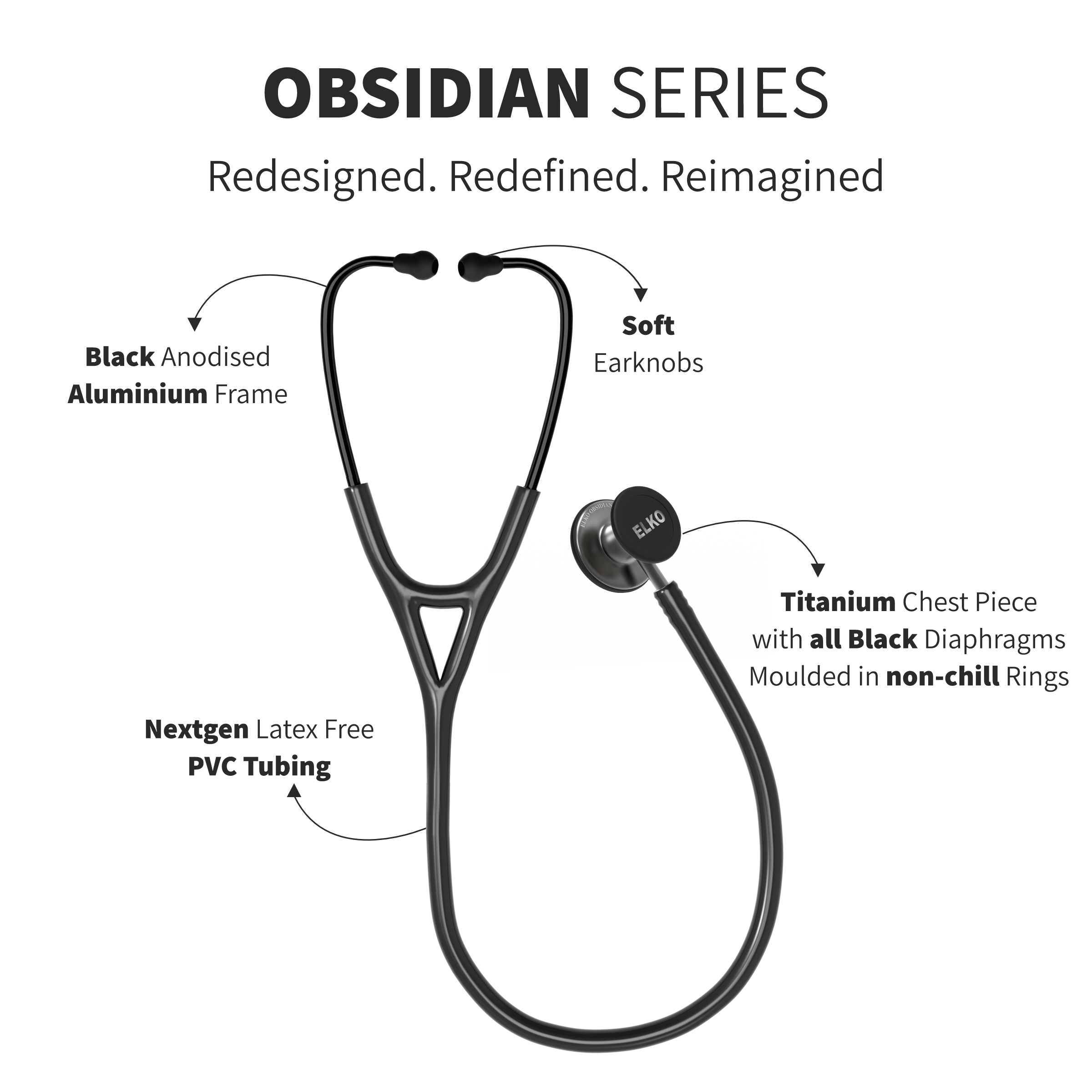 ELKO OBSIDIAN Series Titanium Stethoscope – Smoke Grey Edition / Black Tubing