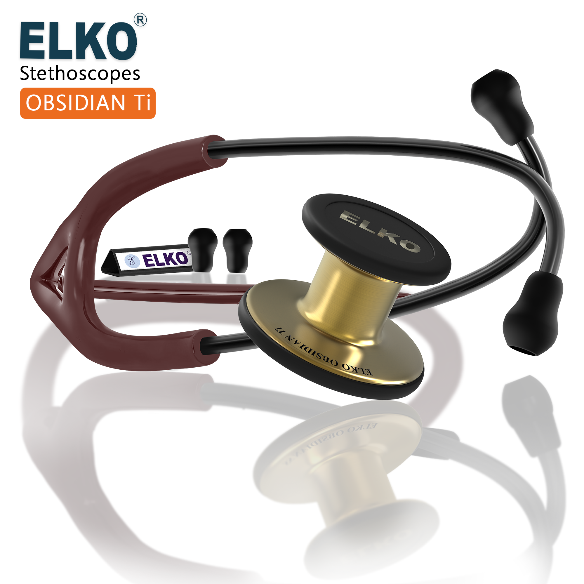 ELKO OBSIDIAN SERIES TITANIUM STETHOSCOPE – French Gold Edition / Brown Tubing