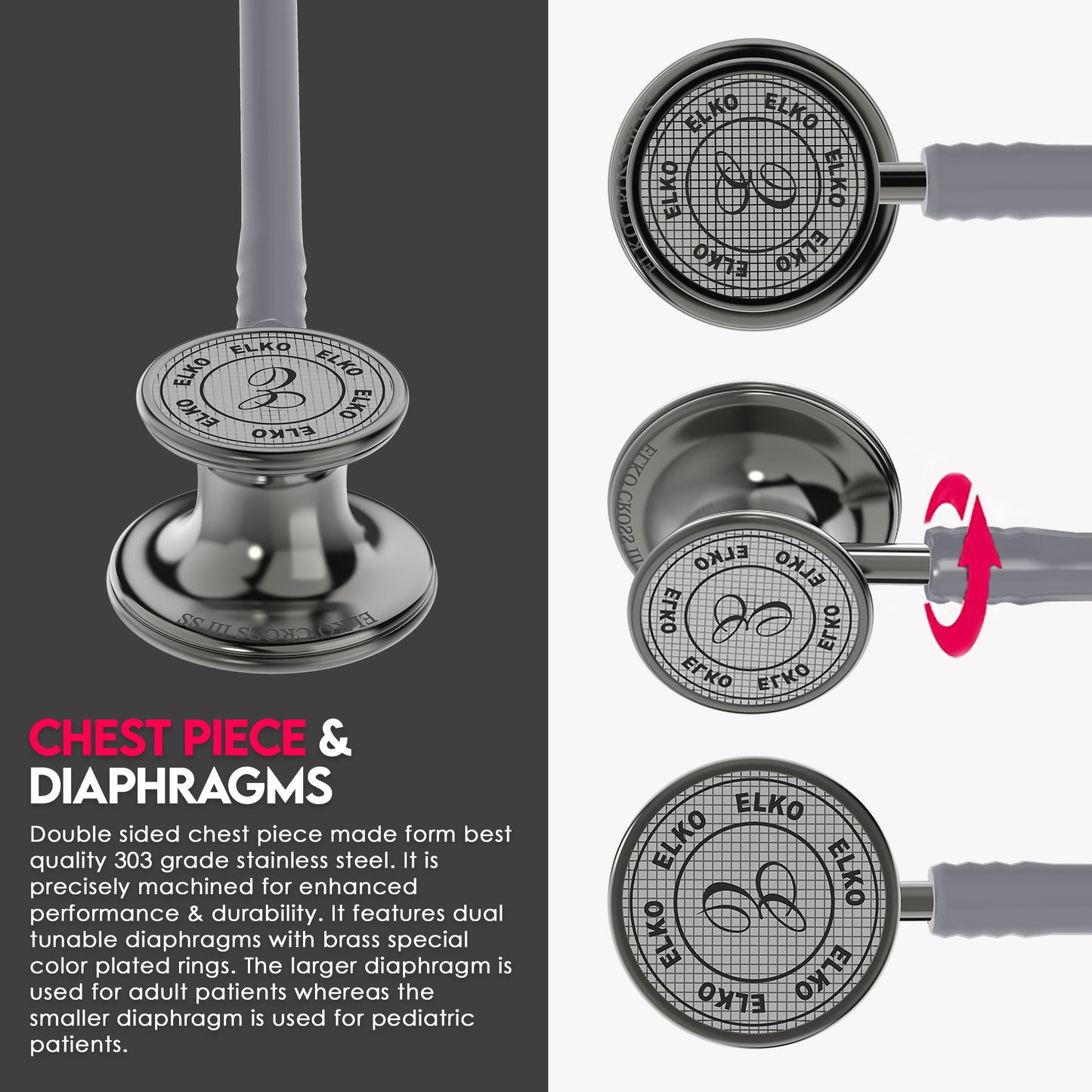 ELKO CROSS III SS Stainless Steel Stethoscope - Smoke Grey