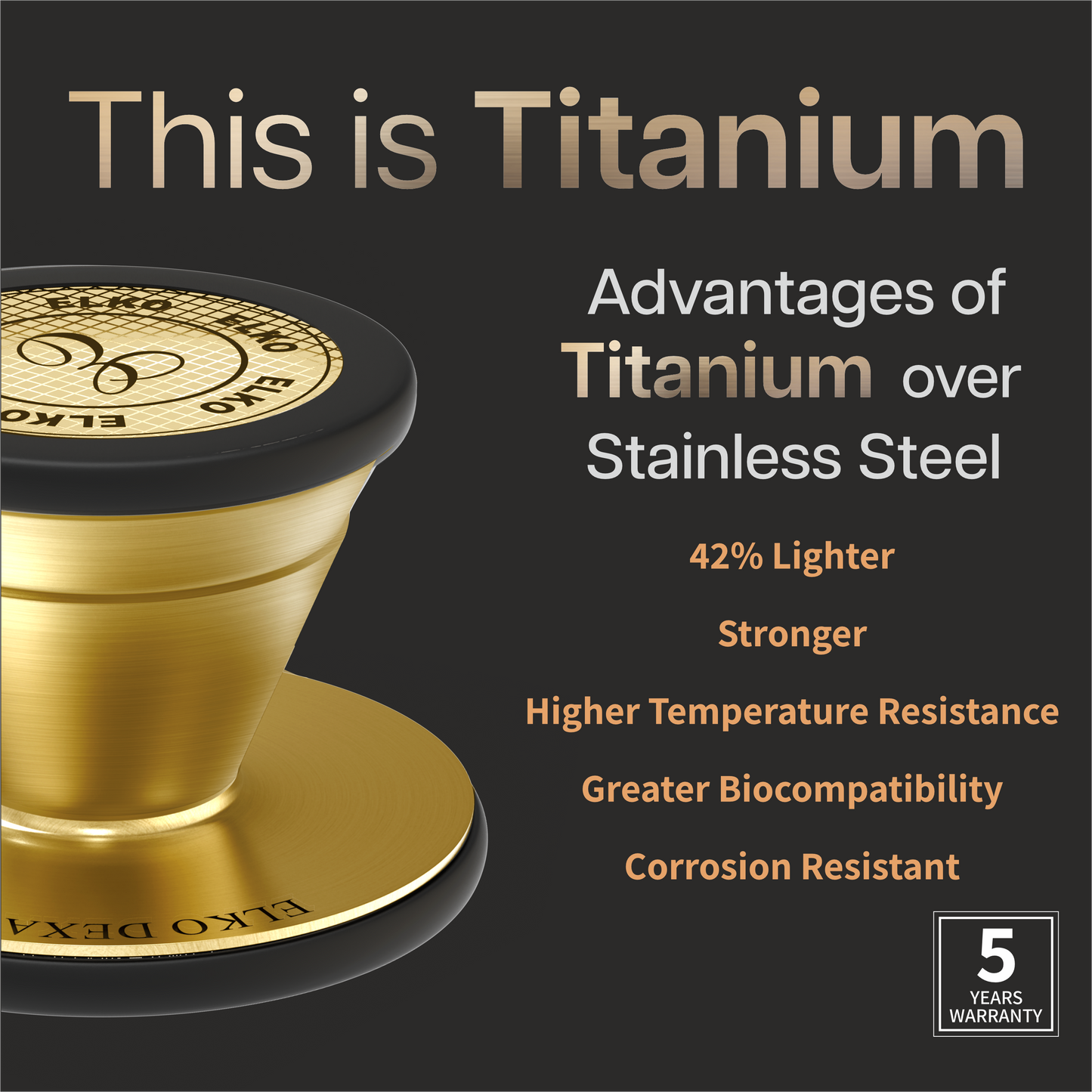 ELKO DEXA III Ti Titanium Stethoscopes- Gold Edition