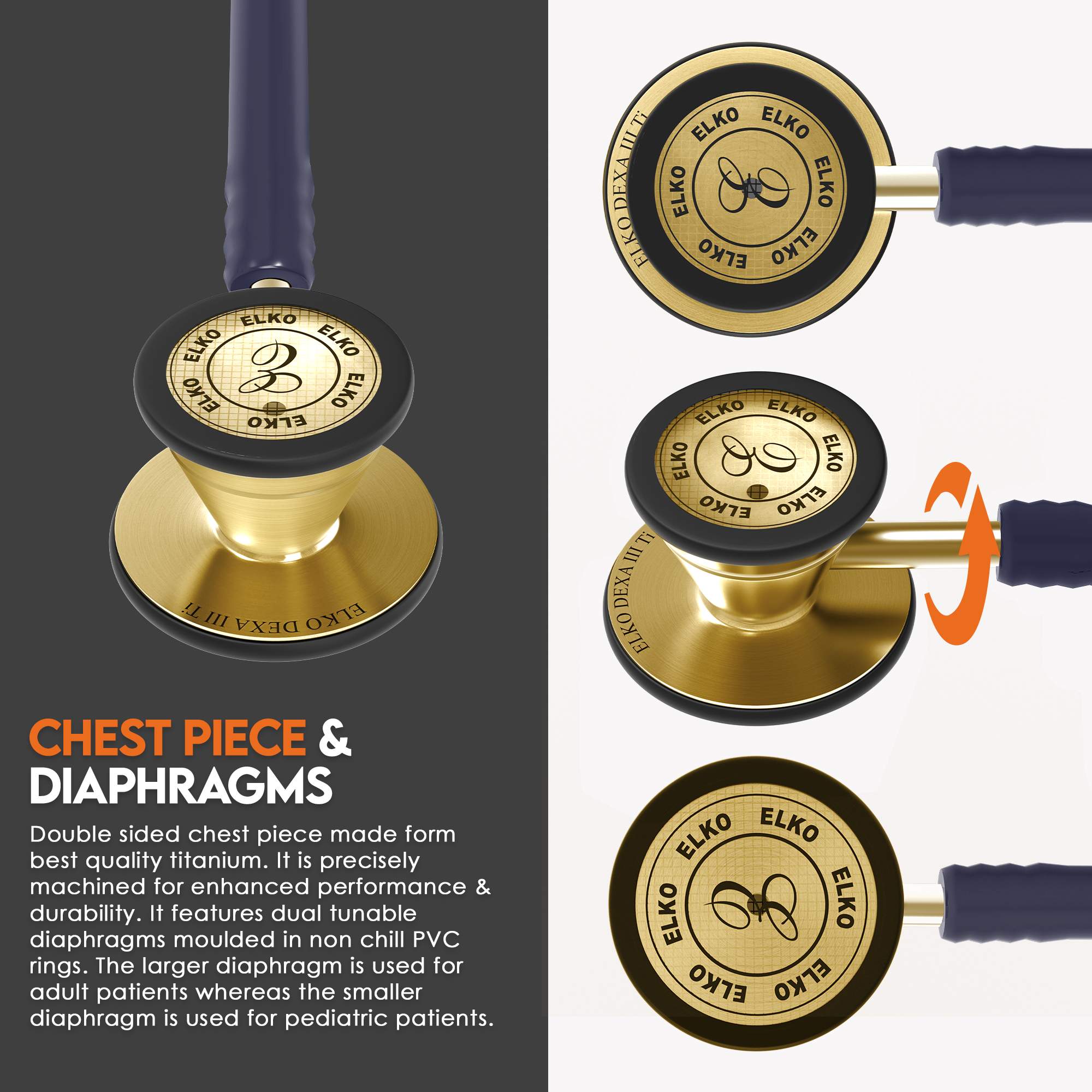 ELKO DEXA III Ti Titanium Stethoscopes- Gold Edition