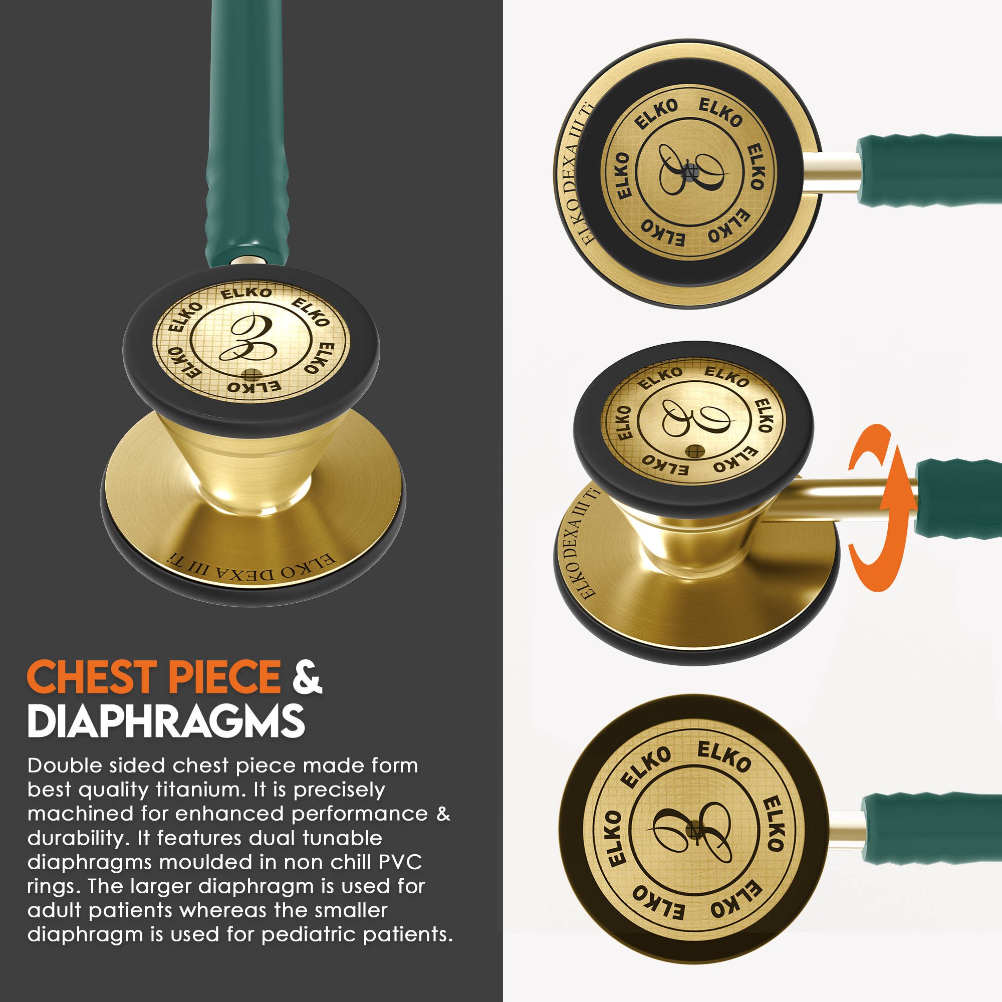 ELKO DEXA III Ti Titanium Stethoscopes- Gold Edition