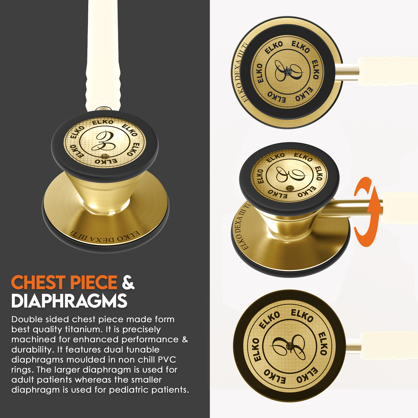 ELKO DEXA III Ti Titanium Stethoscopes- Gold Edition
