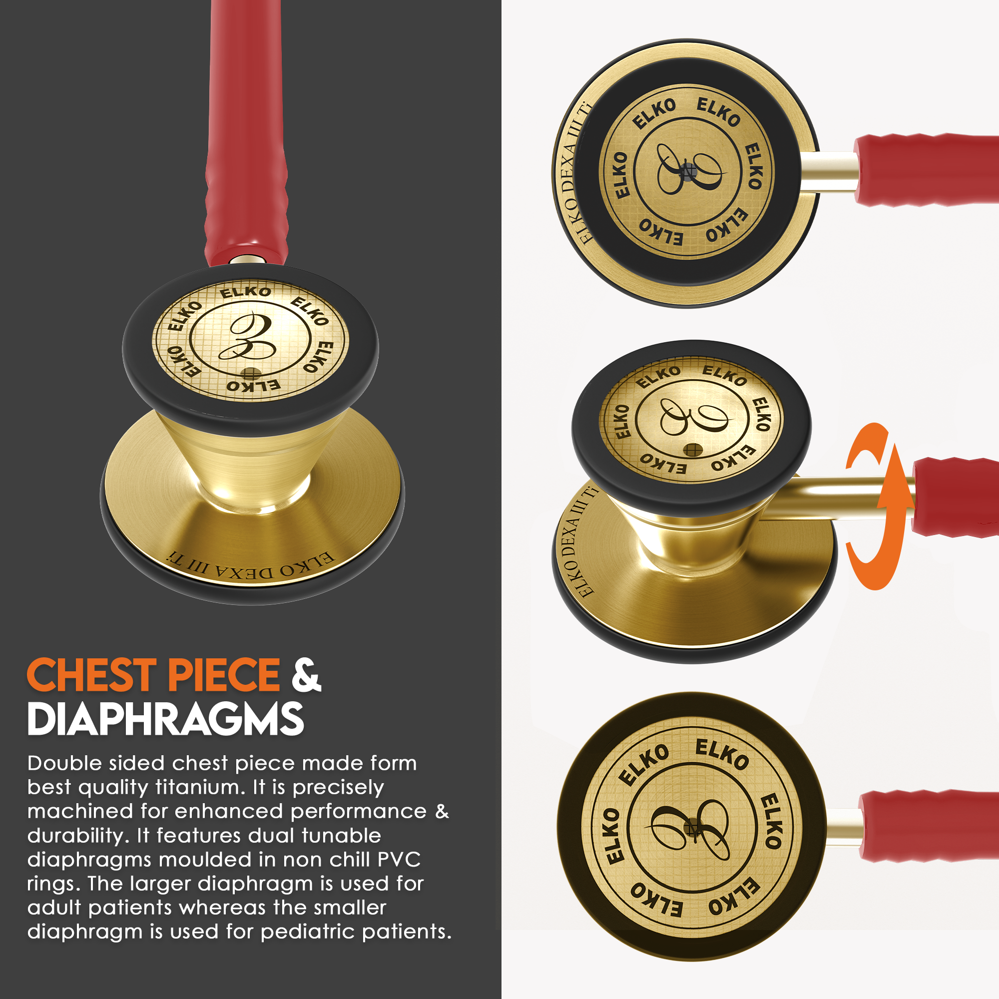 ELKO DEXA III Ti Titanium Stethoscopes- Gold Edition