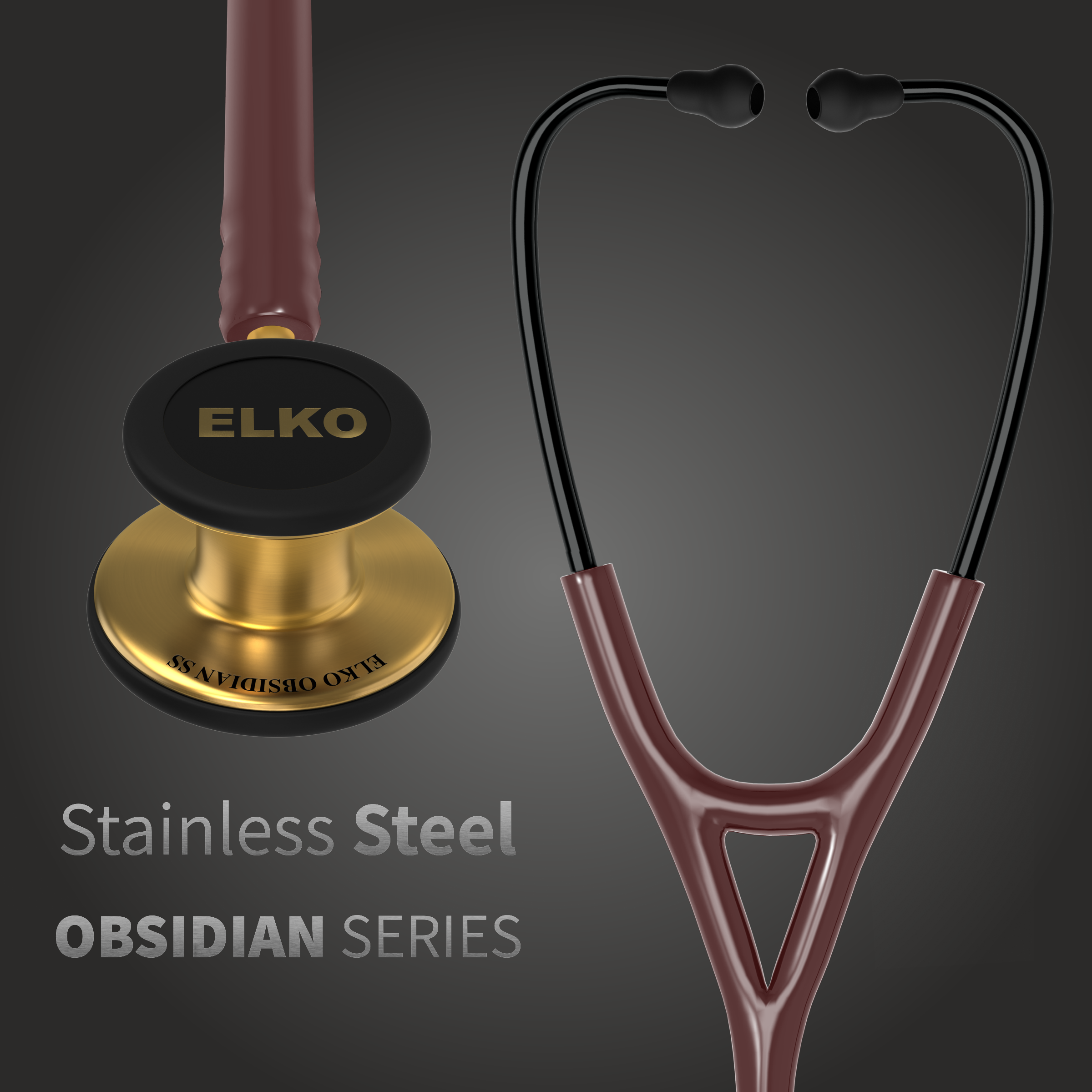 ELKO OBSIDIAN Series Stainless Steel Stethoscope - French Gold / Brown Tube