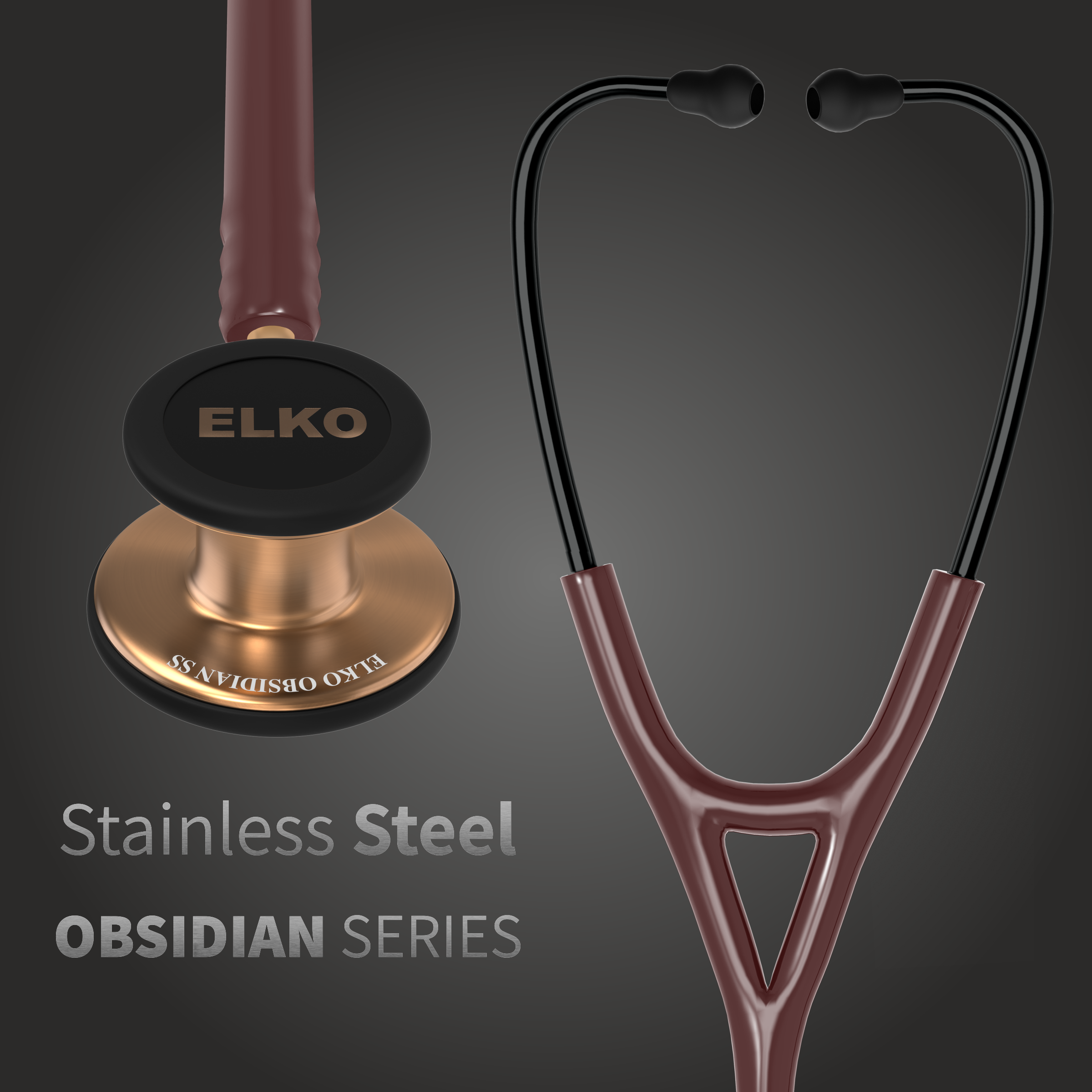 ELKO OBSIDIAN Series Stainless Steel Stethoscope - Rose Gold / Brown Tube