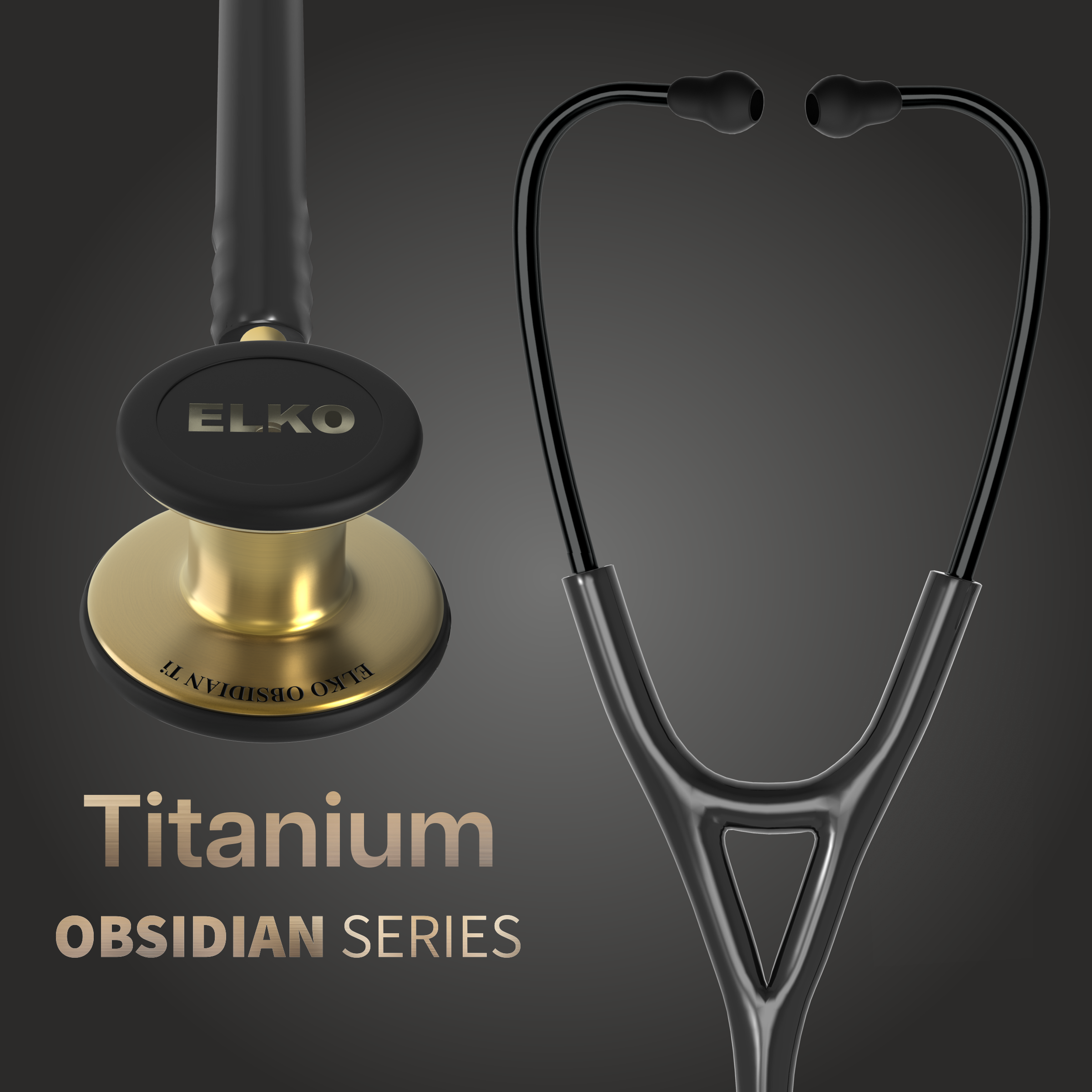 ELKO OBSIDIAN SERIES TITANIUM STETHOSCOPE – French Gold Edition / Black Tubing