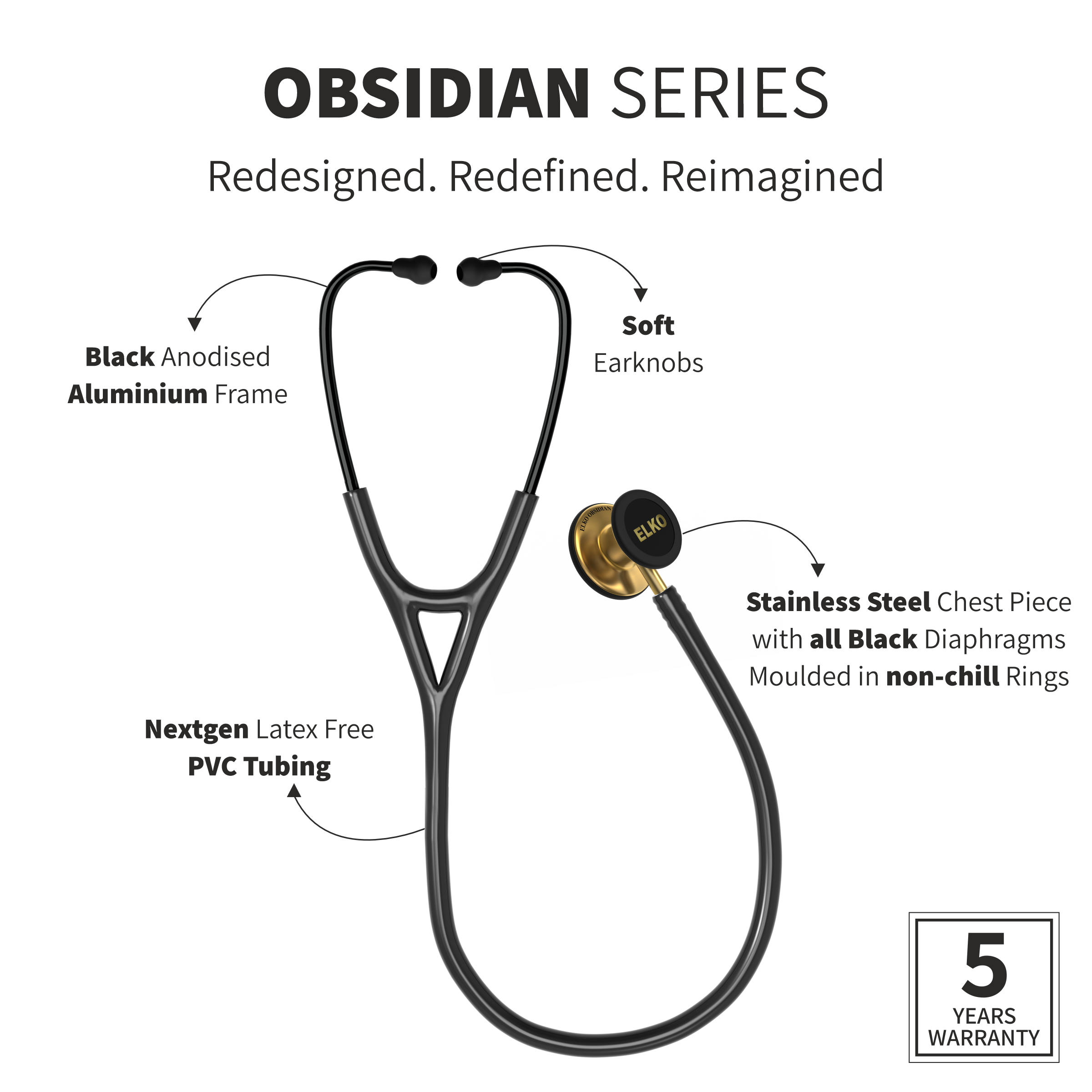 ELKO OBSIDIAN Series Stainless Steel Stethoscope - French Gold / Black Tube