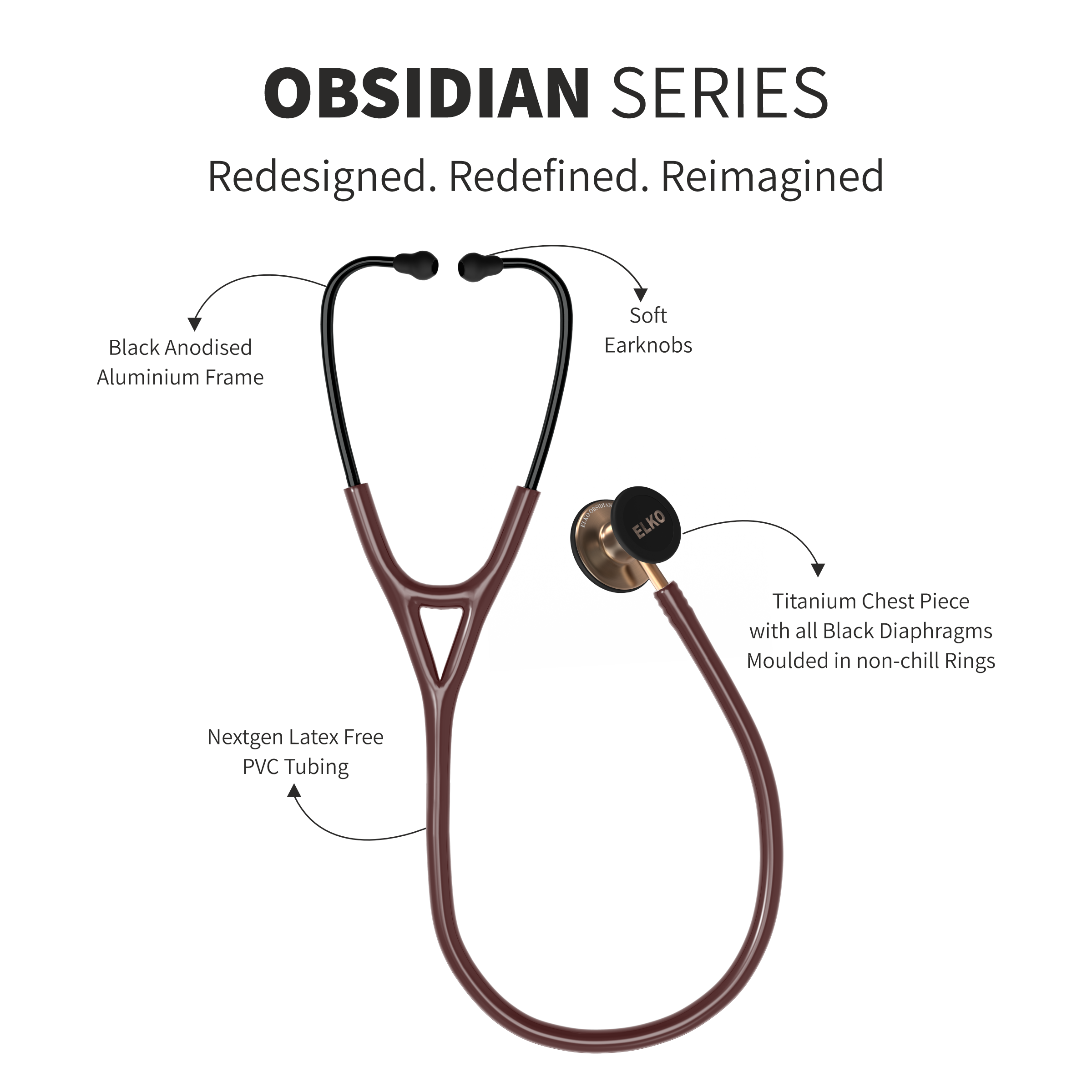 ELKO OBSIDIAN SERIES TITANIUM STETHOSCOPE – Rose Gold Edition / Brown Tubing