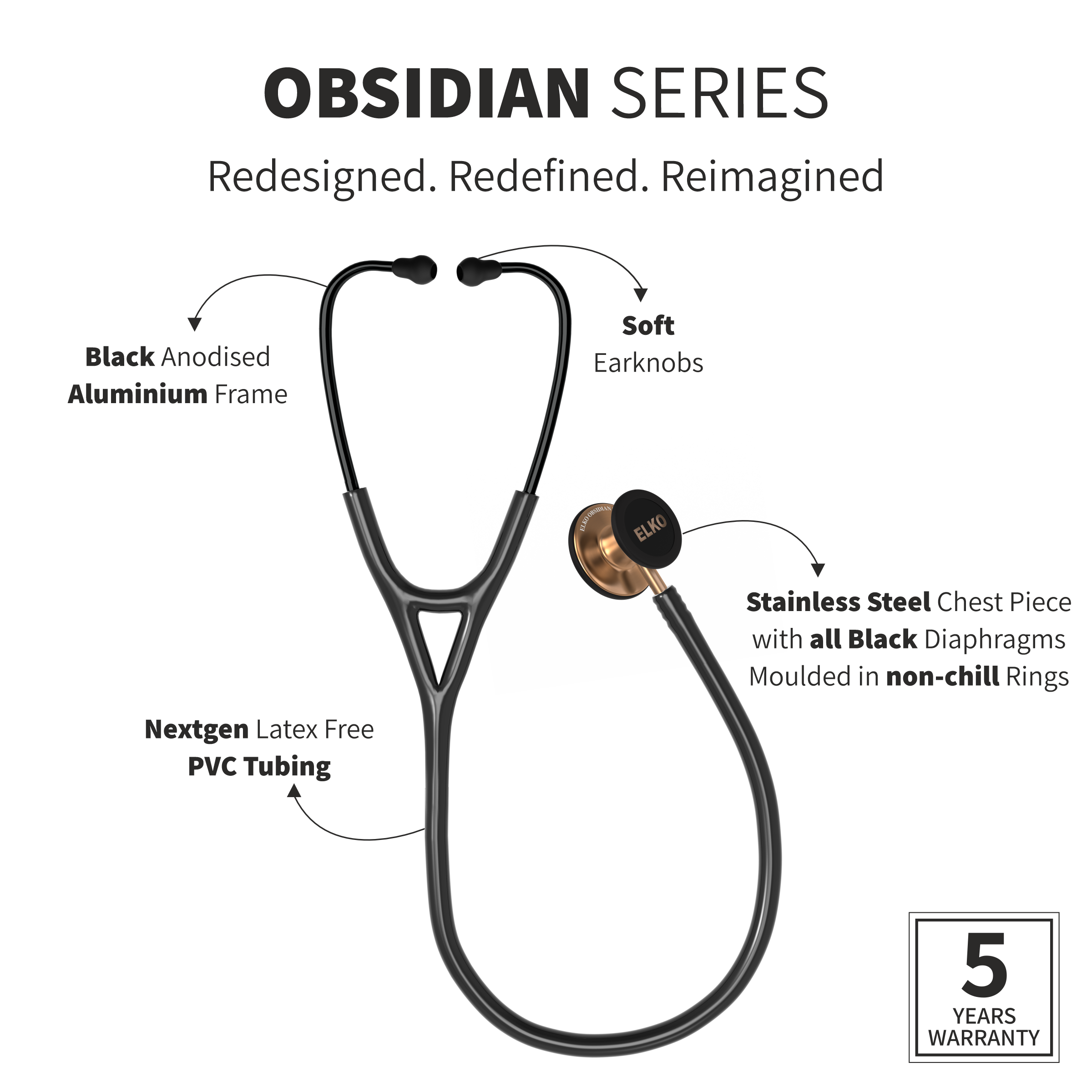 ELKO OBSIDIAN Series Stainless Steel Stethoscope - Rose Gold / Black Tube