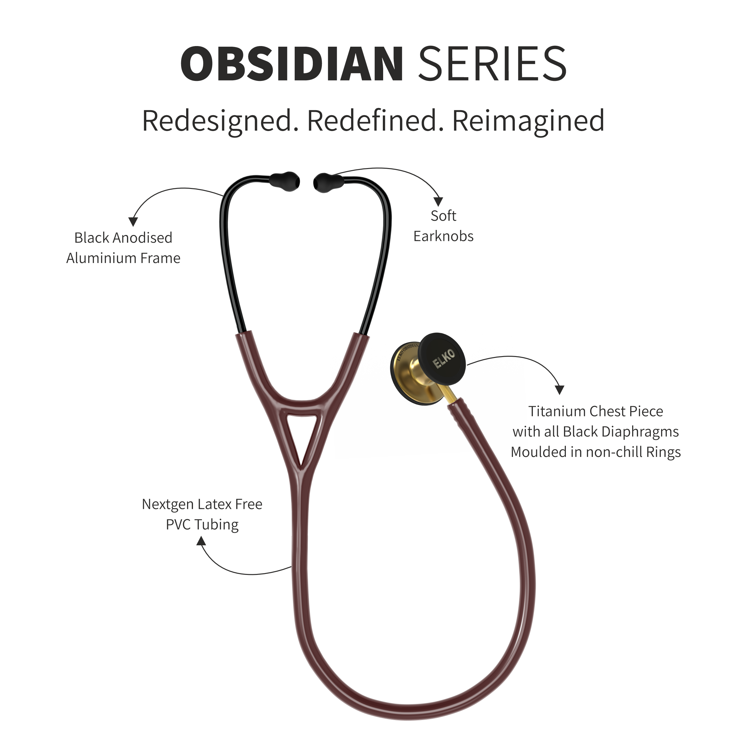 ELKO OBSIDIAN SERIES TITANIUM STETHOSCOPE – French Gold Edition / Brown Tubing