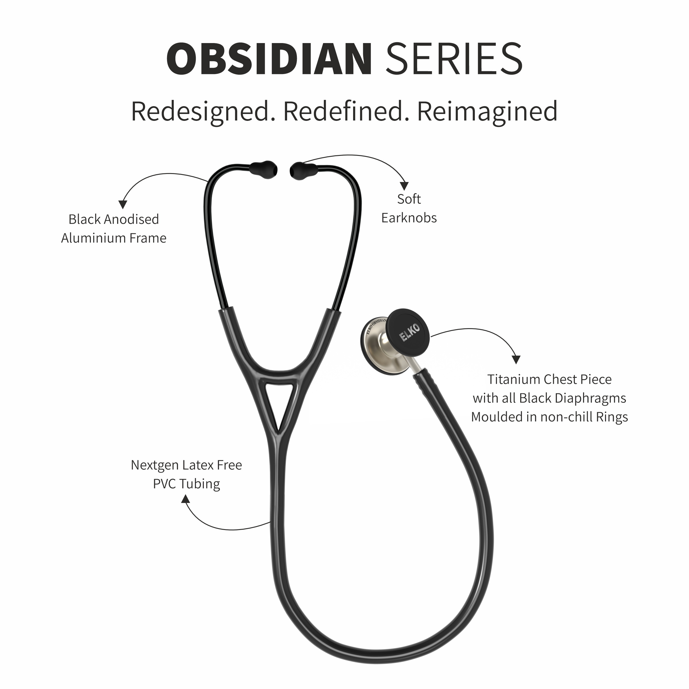 ELKO OBSIDIAN SERIES TITANIUM STETHOSCOPE – Natural Edition / Black Tubing