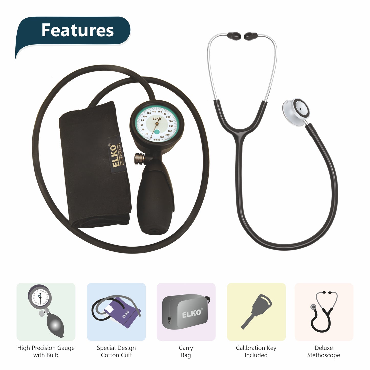 ELKO Palm Type Aneroid Sphygmomanometer with Deluxe Stethoscope