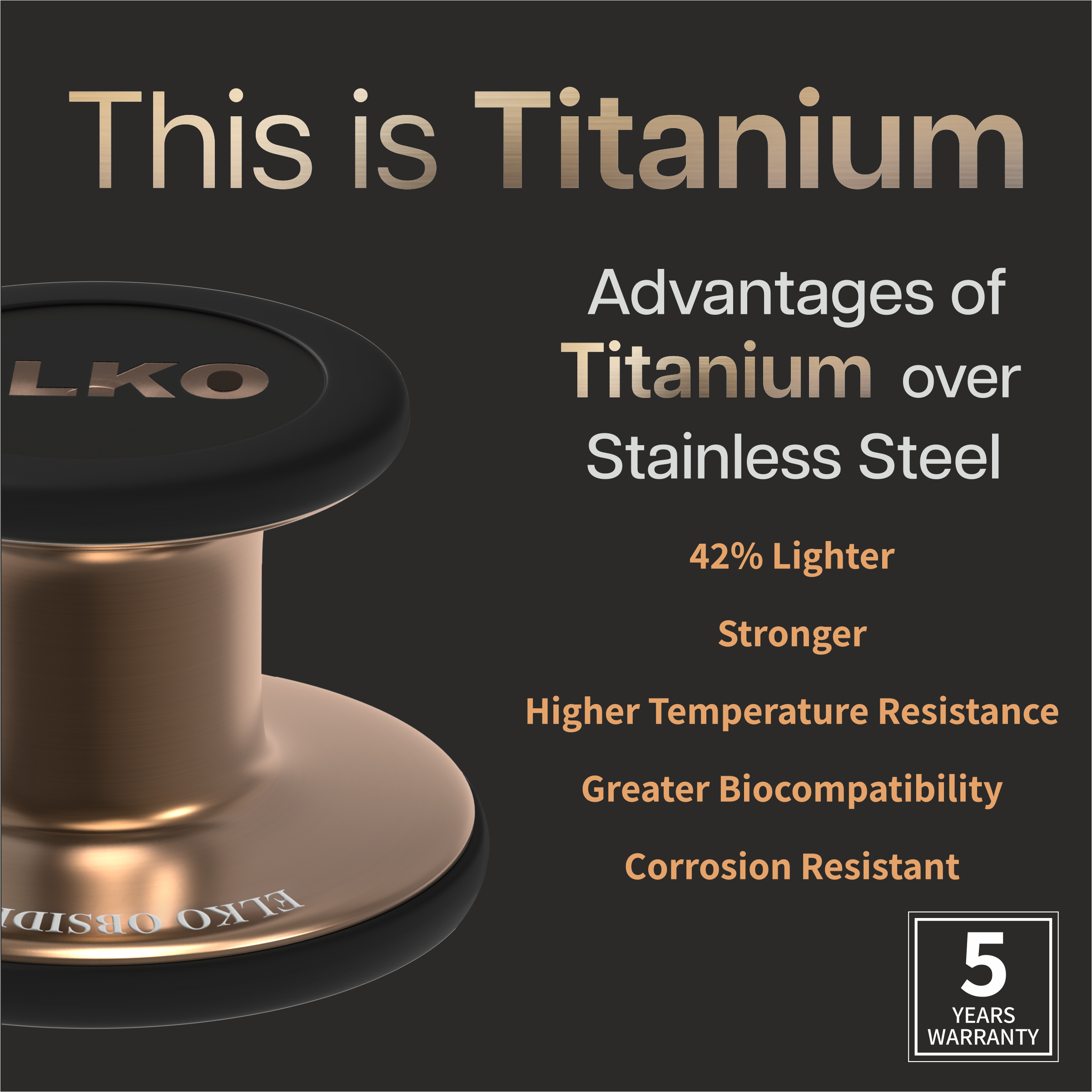 ELKO OBSIDIAN SERIES TITANIUM STETHOSCOPE – Rose Gold Edition / Black Tubing