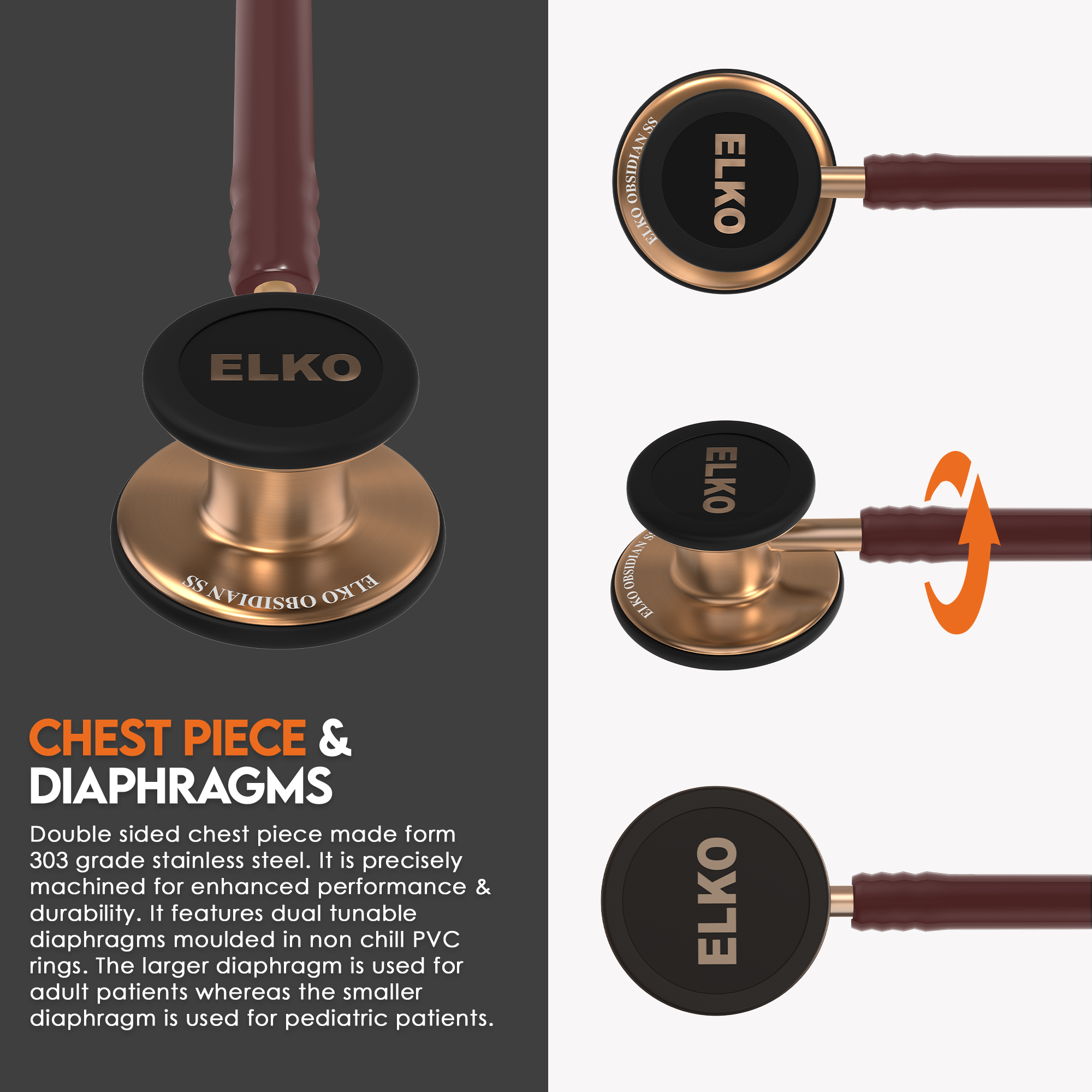 ELKO OBSIDIAN Series Stainless Steel Stethoscope - Rose Gold / Brown Tube