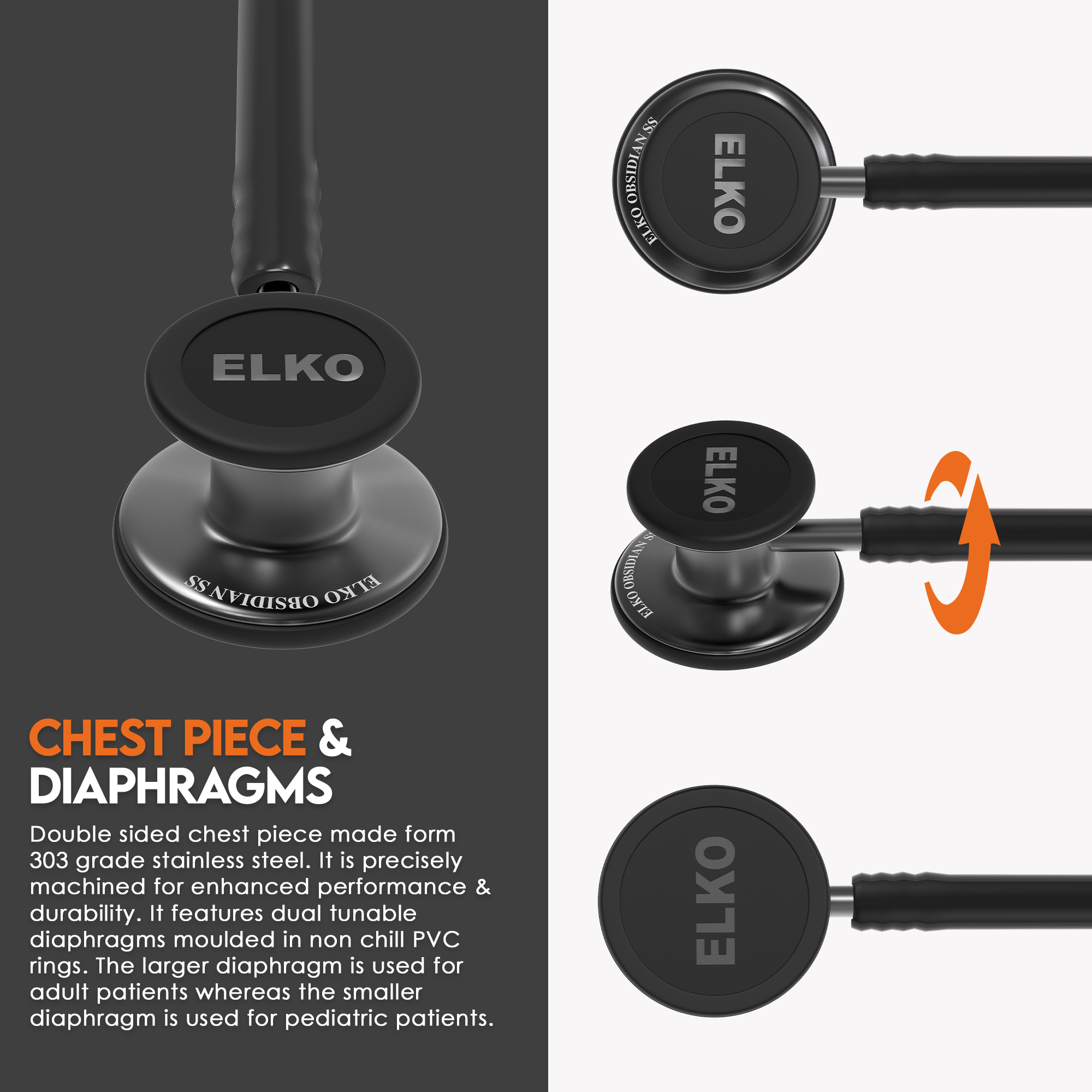 ELKO OBSIDIAN Series Stainless Steel Stethoscope - Smoke Grey / Black Tube