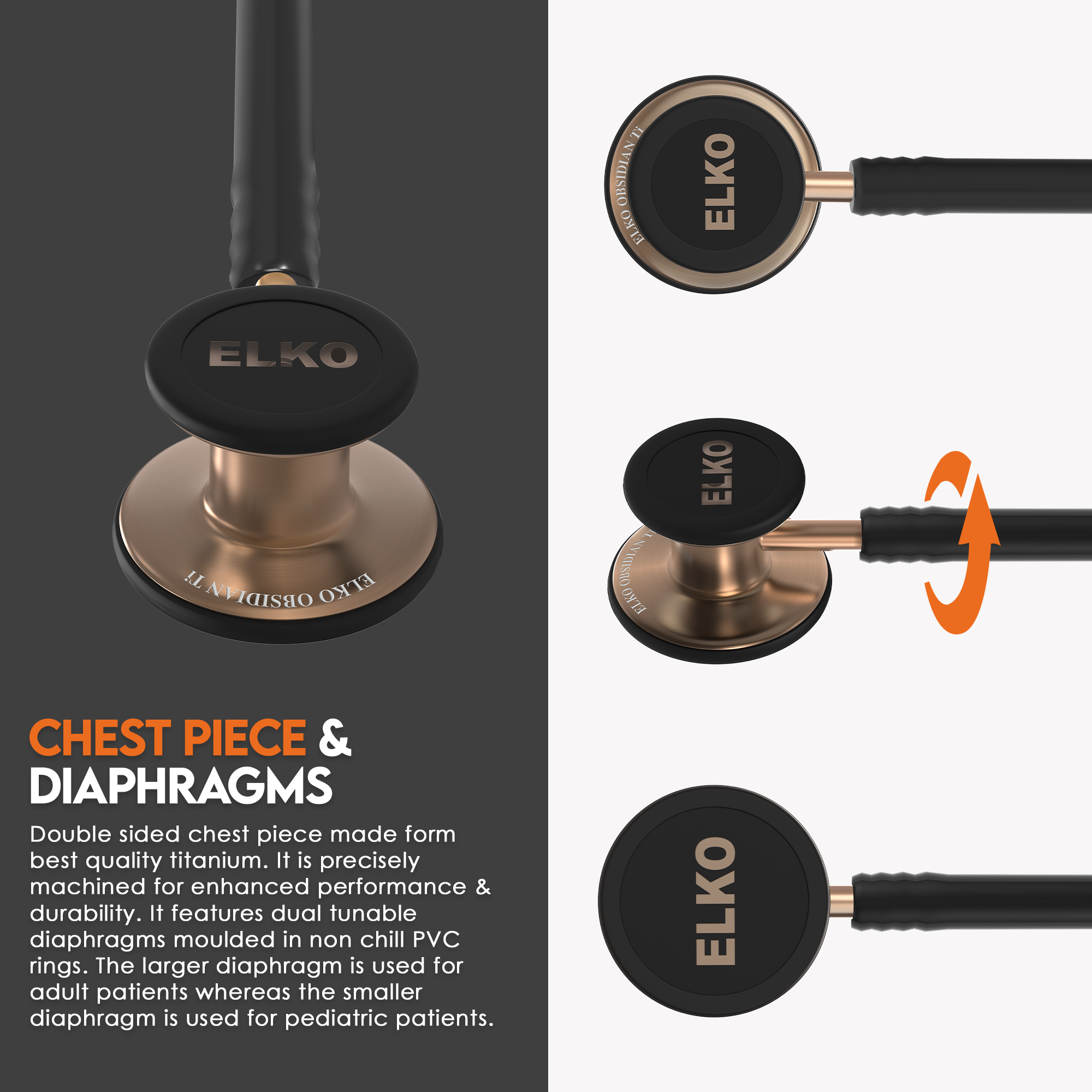 ELKO OBSIDIAN SERIES TITANIUM STETHOSCOPE – Rose Gold Edition / Black Tubing