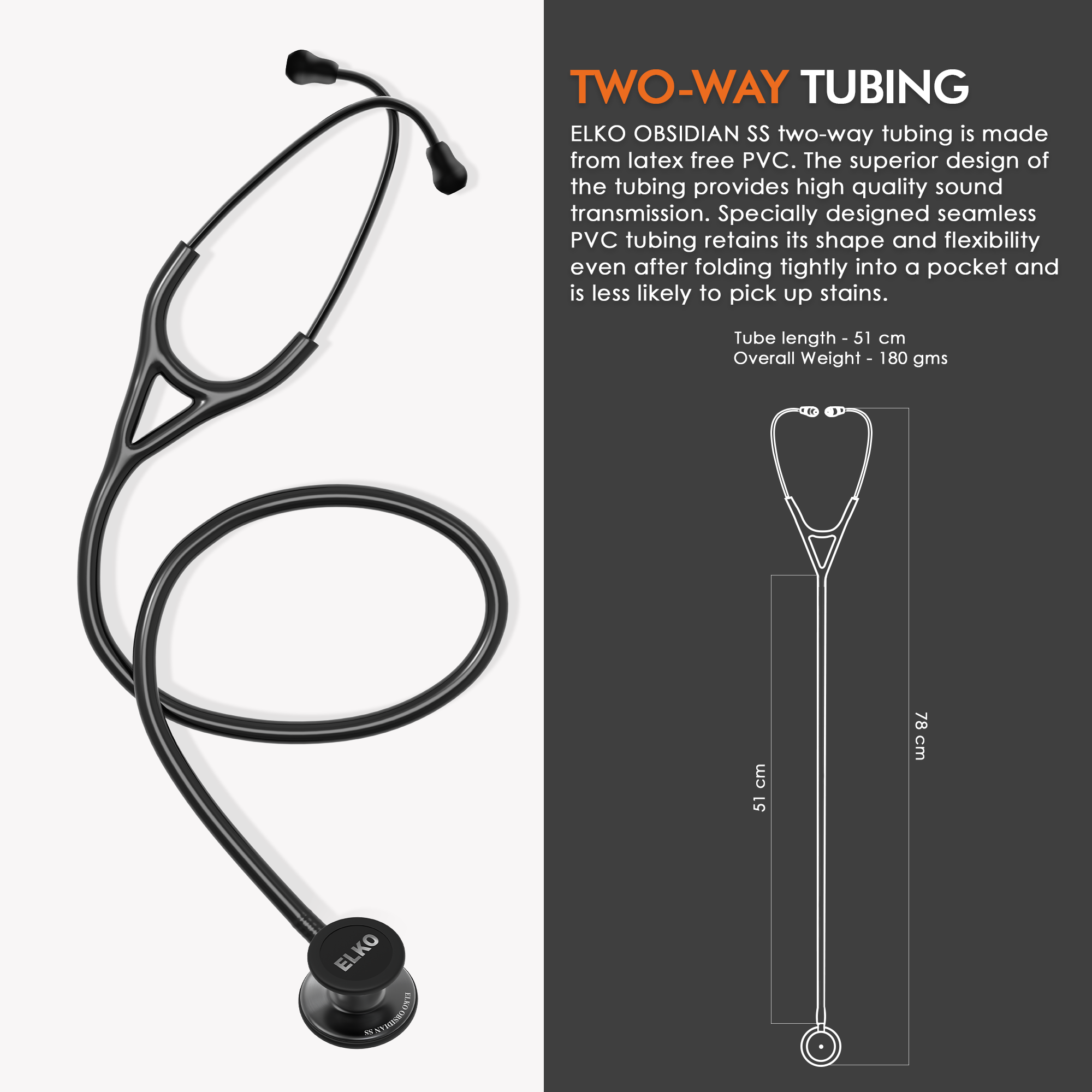 ELKO OBSIDIAN Series Stainless Steel Stethoscope - Smoke Grey / Black Tube