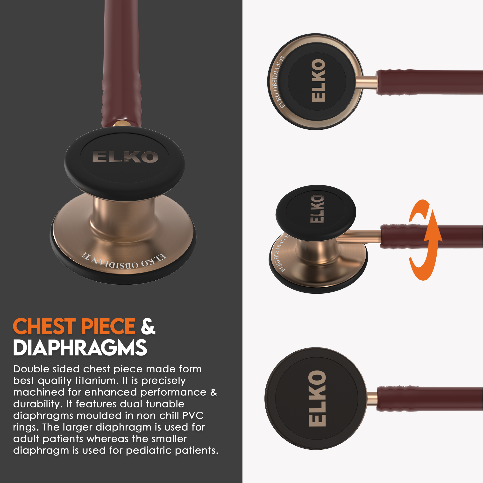 ELKO OBSIDIAN SERIES TITANIUM STETHOSCOPE – Rose Gold Edition / Brown Tubing