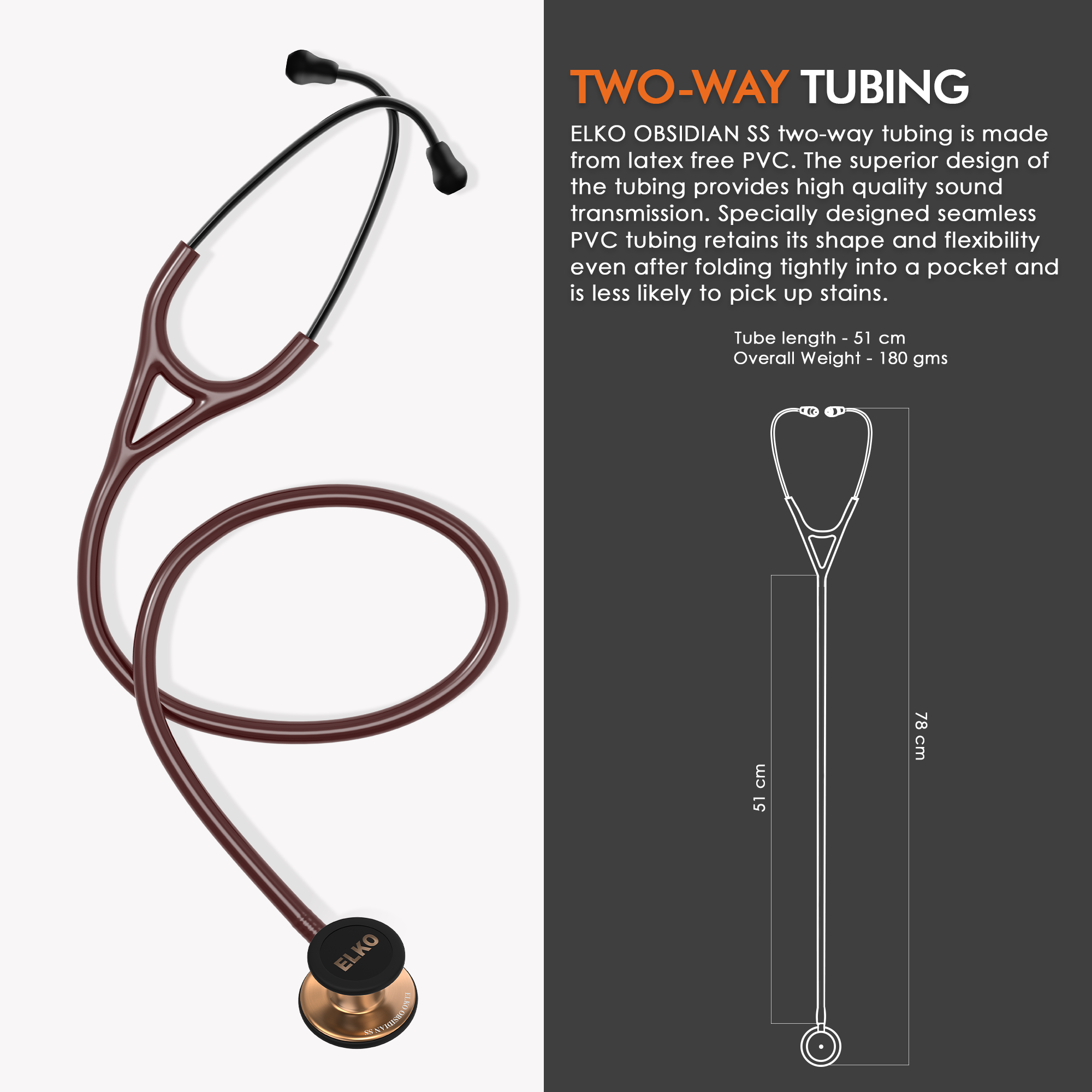 ELKO OBSIDIAN Series Stainless Steel Stethoscope - Rose Gold / Brown Tube