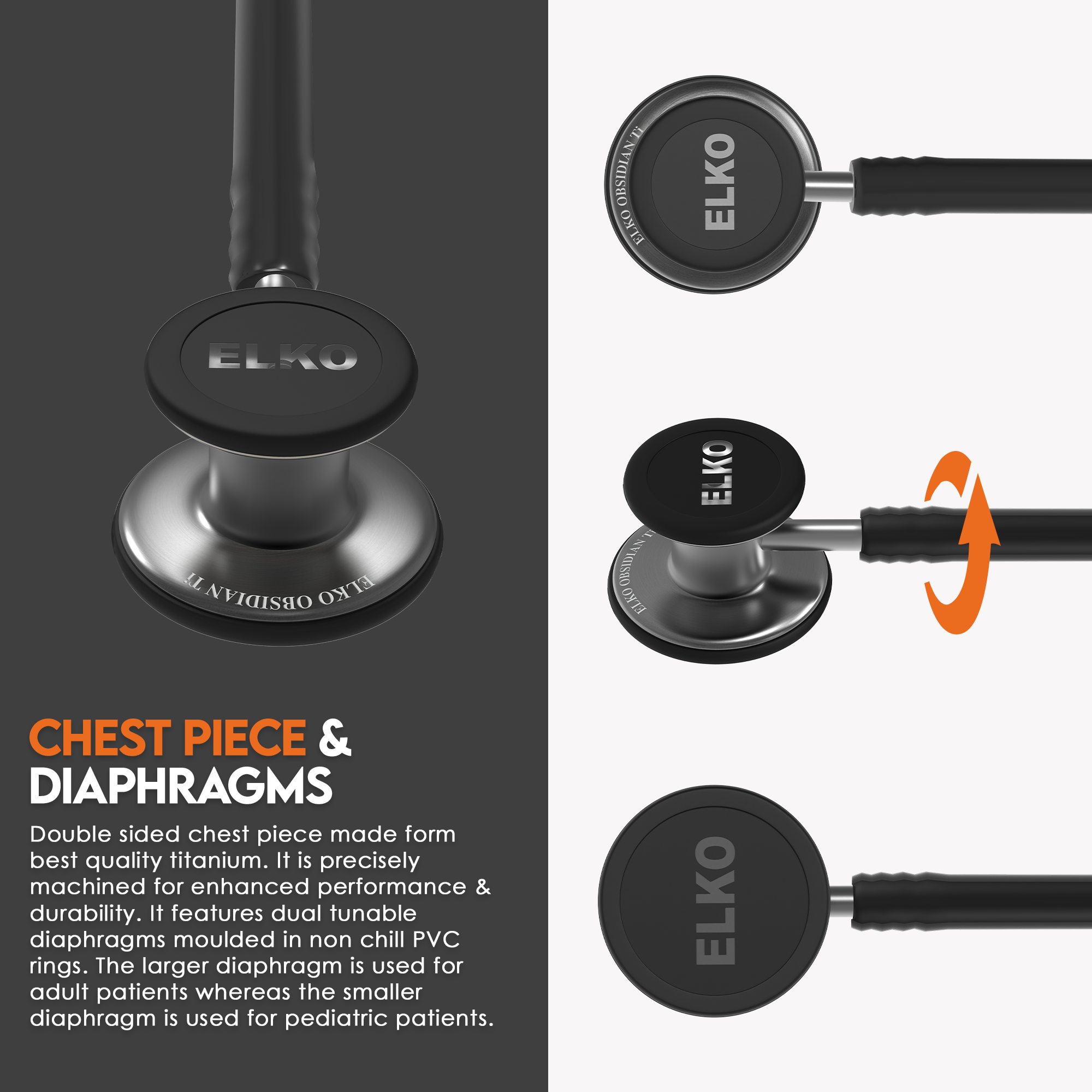 ELKO OBSIDIAN Series Titanium Stethoscope – Smoke Grey Edition / Black Tubing