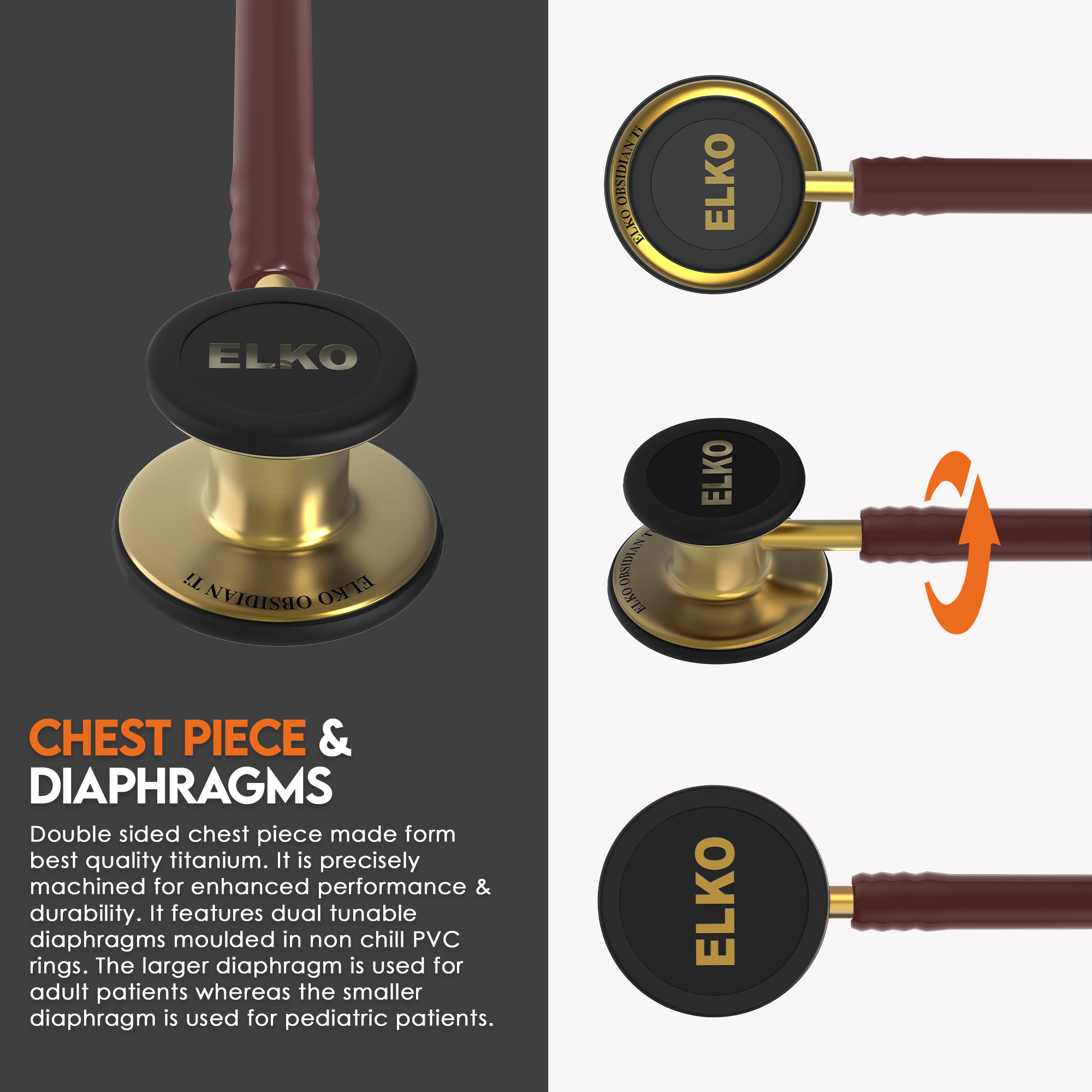 ELKO OBSIDIAN SERIES TITANIUM STETHOSCOPE – French Gold Edition / Brown Tubing