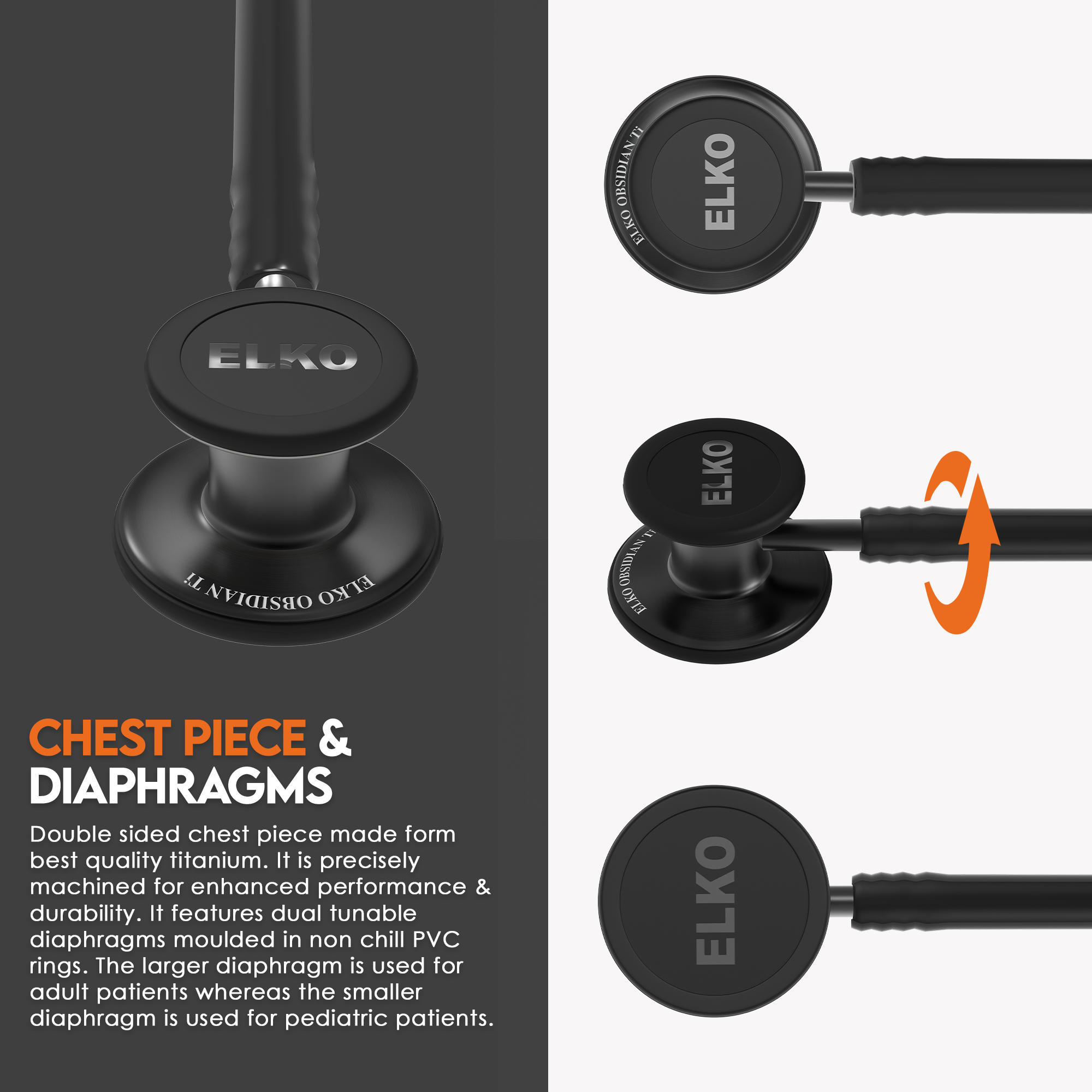ELKO OBSIDIAN SERIES TITANIUM STETHOSCOPE – Black Edition / Black Tubing