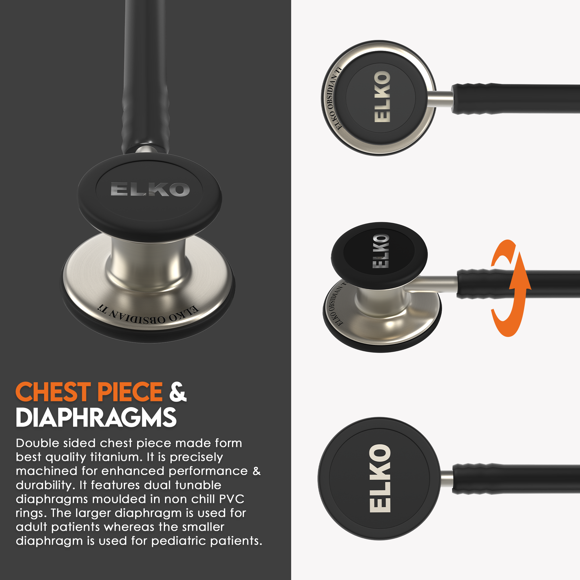 ELKO OBSIDIAN SERIES TITANIUM STETHOSCOPE – Natural Edition / Black Tubing